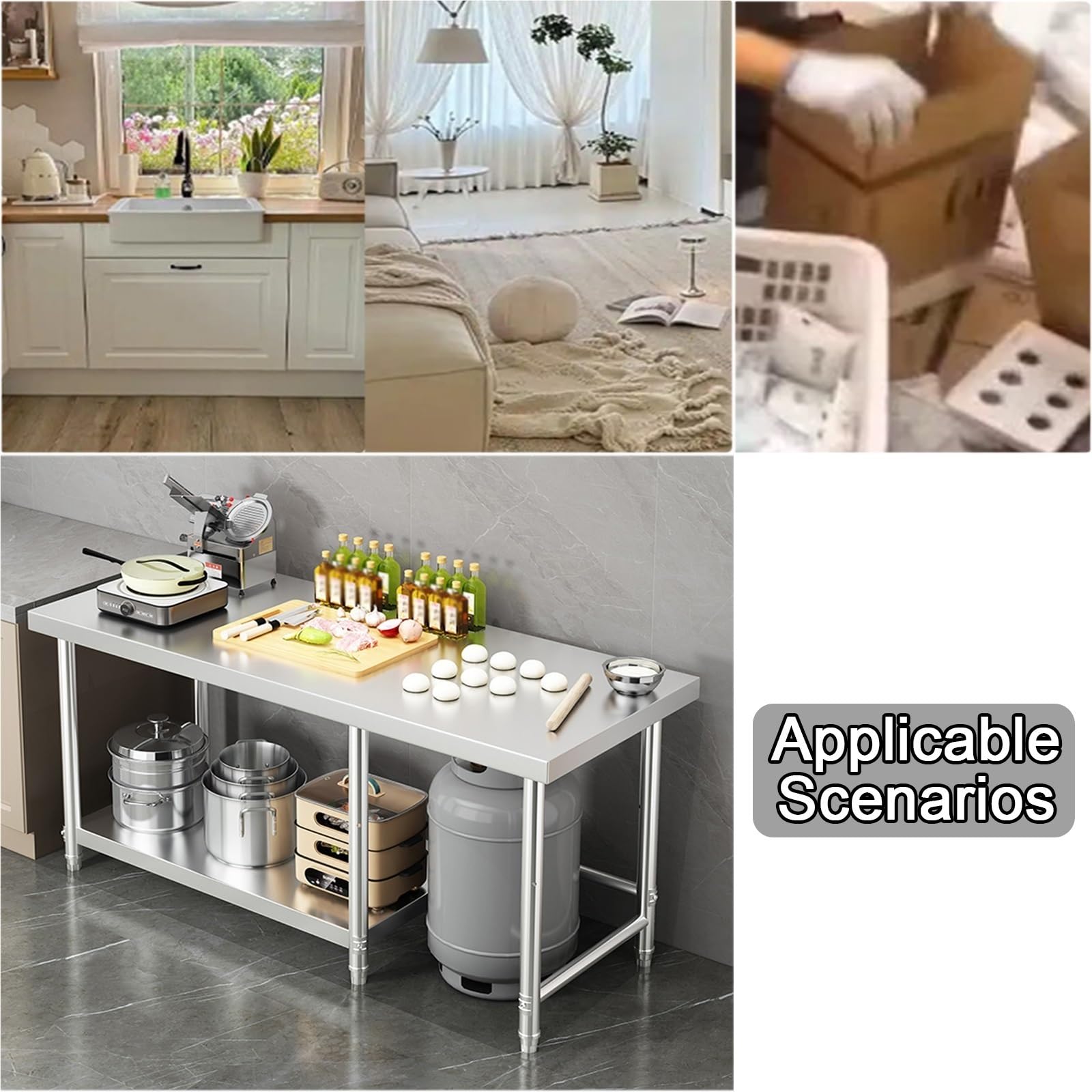 Mesa de Trabajo Cocina Tres Niveles Taller con Espacio para Botellas Gas Estantes Almacenamiento Estructura Reforzada Patas Ajustables Alta Capacidad Carga
