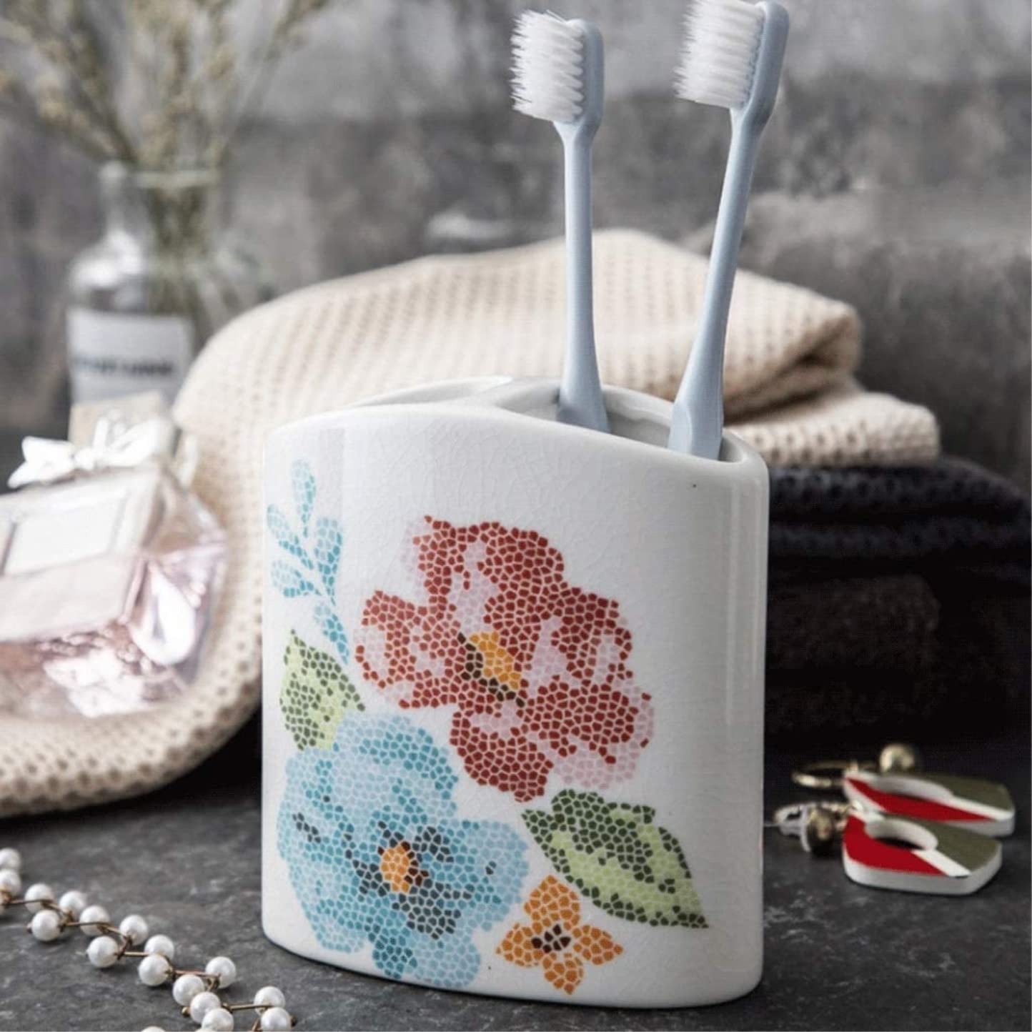 Zestaw 5-częściowych dozowników mydła Ceramic Flower | Łazienka: Zestaw 5-częściowy dozownika mydła w płynie Ceramiczny Kwiat z uchwytem na szczoteczkę do zębów