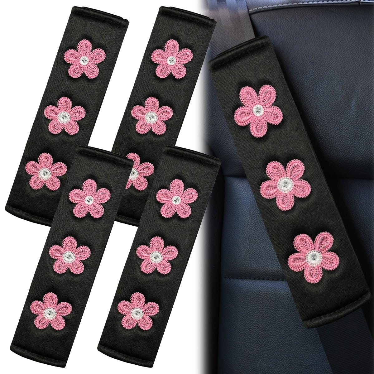 4PCS Daisy Flower Car Seat Belt Cover Pads, Protect Neck, DeepPink