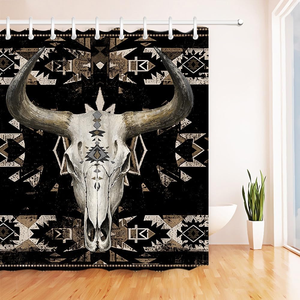 RnnJoile Aztec Shower Curtain Vintage Western Bath Curtain Bull Skull Bathroom Decor Black Brown with Hooks 72"x 72"