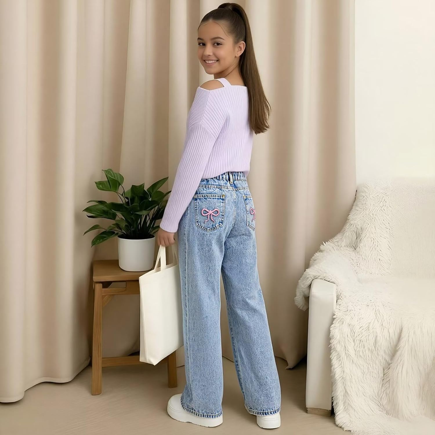 Girls Jeans Y2K Elastic Waist Wide Leg Baggy Loose Denim Pants Kids Trousers Streetwear Washed - Image 4