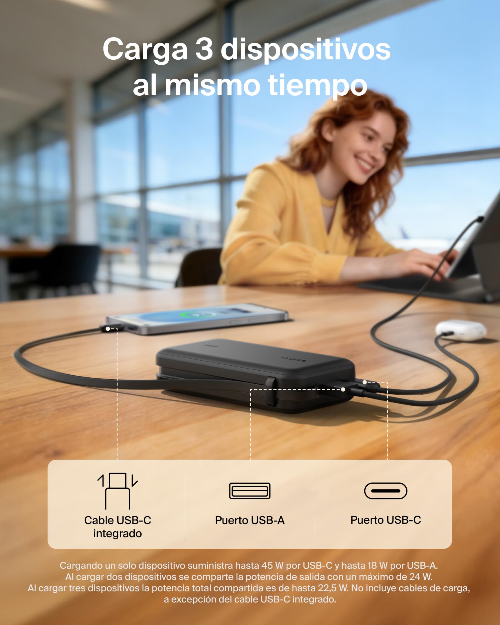 Belkin UltraCharge Batería Externa 10000mAh Cable USB-C y Pantalla - Negro | Power Bank de 10000 mAh, 1 Puerto y 1 Cable USB-C, 1 puerto USB-A, 45 W, LED, Apta como Equipaje de Mano y con Pantalla