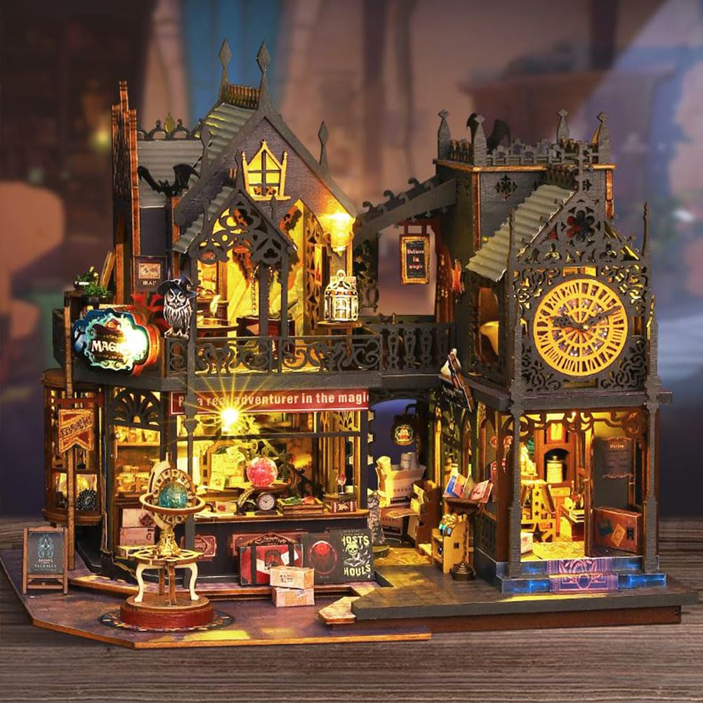 Miniaturowy domek dla lalek DIY z osłoną przeciwpyłową i misic, miniaturowy zestaw domku dla lalek, skala 1:24, magiczny domek dla lalek, kreatywny pomysł na pokój dla dorosłych