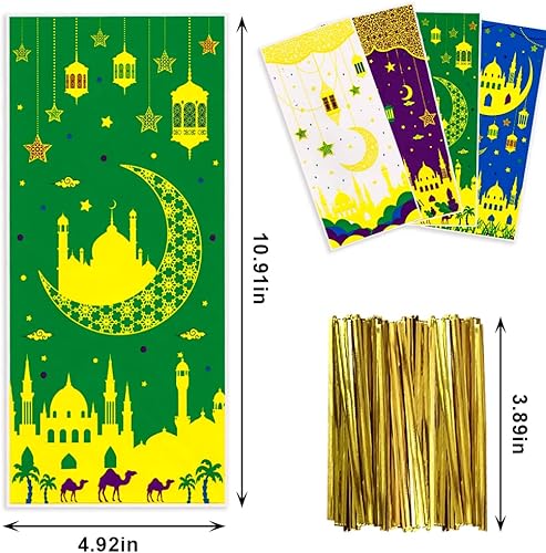 Miniatura 2 de 100 bolsas Eid Mubarak Ramadan Kareem, bolsas de celofán, bolsas de dulces Eid Mubarak para regalos, Eid al-Adha, 4 colores, castillo musulmán,