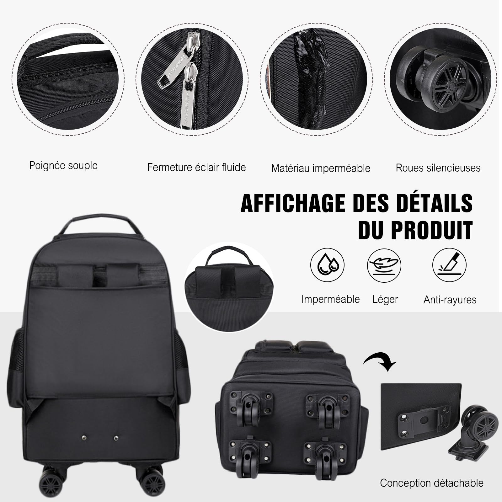FANDARE 35L Sac à roulettes ordinateur Homme Mallettes Trolley Business pour 15.6 Pouces Laptop Convertible Trolley Daypack Femme 2-en-1 Sacoche Enseignant Rolling Sacs voyage Mallette Valise