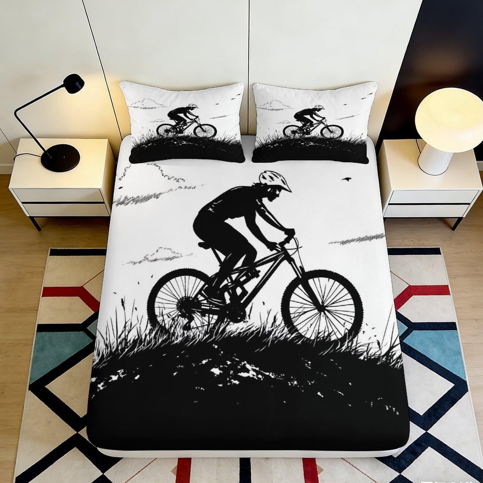 3D Printed Mountain Biker Fitted Sheet Microfiber Durable Breathable Cycling Mattress Cover for Bedroom Dorm Dormitory Guest Room Protection 160x200x25cm