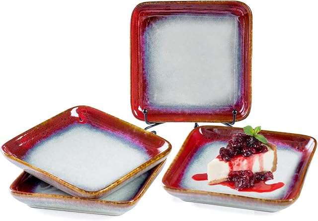 HENXFEN LEAD Square Dessert Plates, 4er-Set 6 inch Ceramic Plates for Steaks / Vegetables / Apple Strudel / Potato Salad, Gradient Red