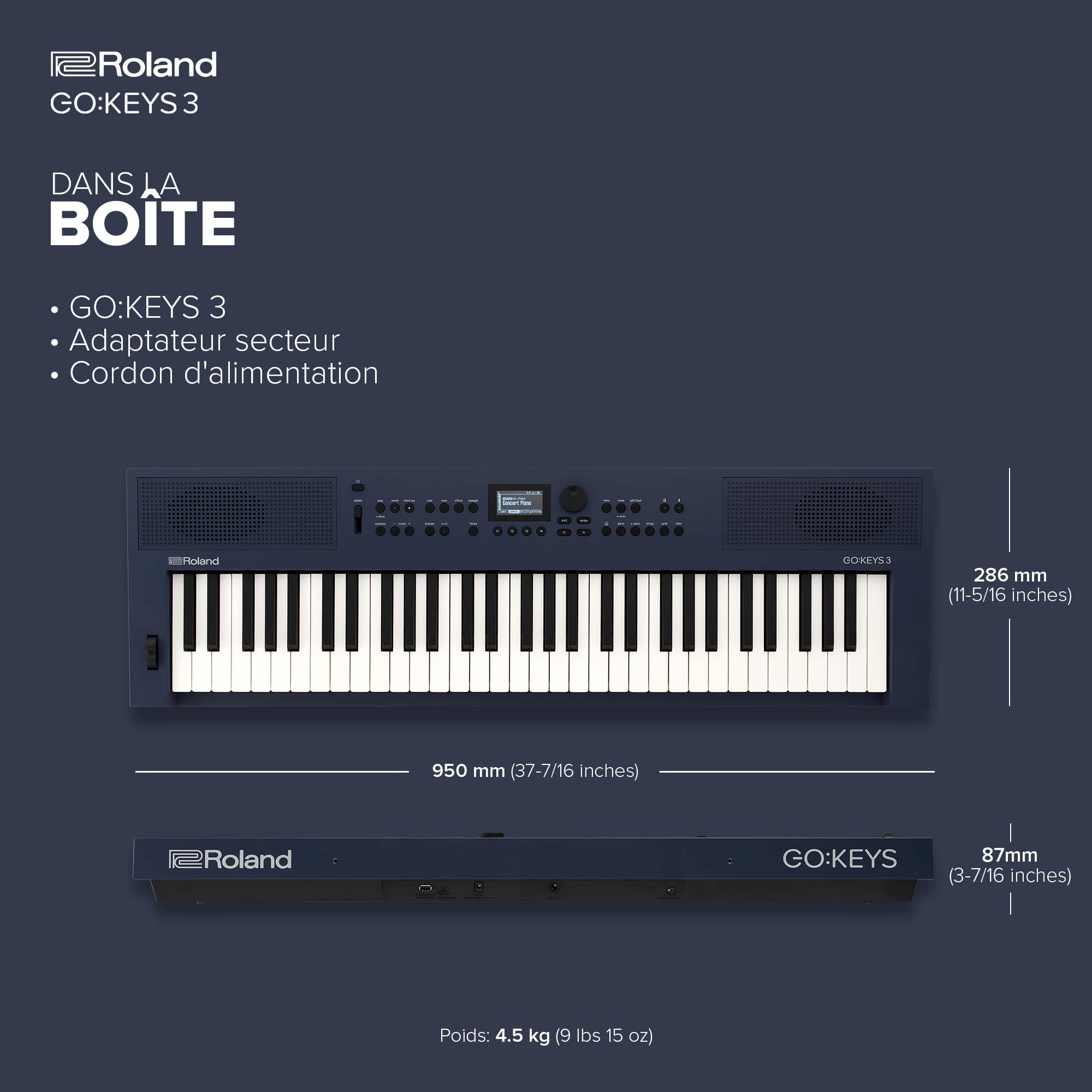 Roland GO:KEYS 3 | Clavier de création musicale 61 touches | Générateur ZEN-Core | 1000+ sons | HP stéréo | Audio/MIDI Bluetooth | Bleu Minuit