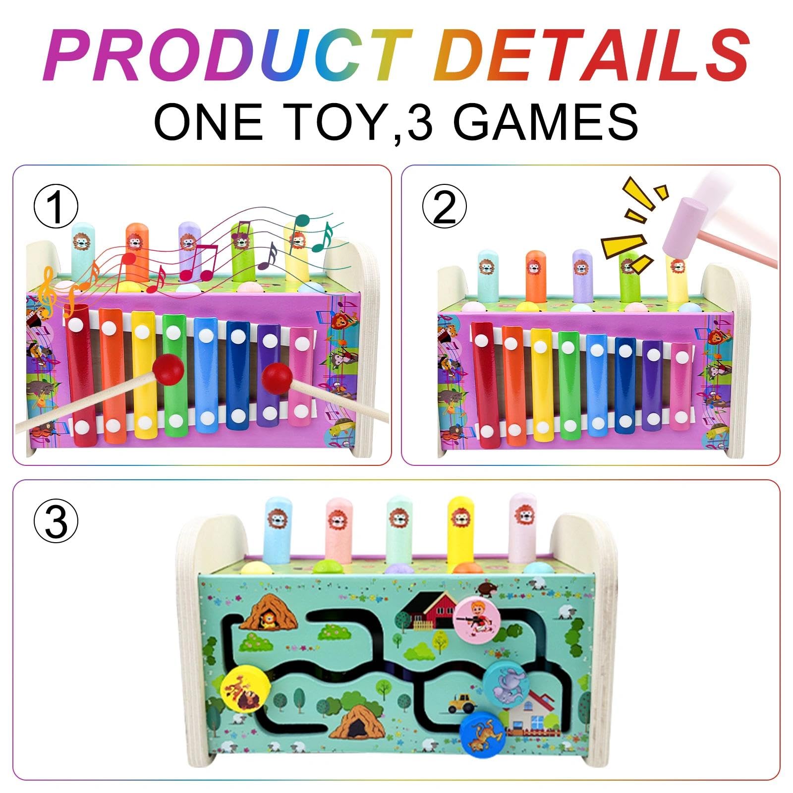 Jouet Xylophone Bebe 3 en 1, Montessori Marteau en Bois, Jeux Chasse Taupe, Banc À Marteler, Motricité Fine Cadeau Enfant 1-4 Ans