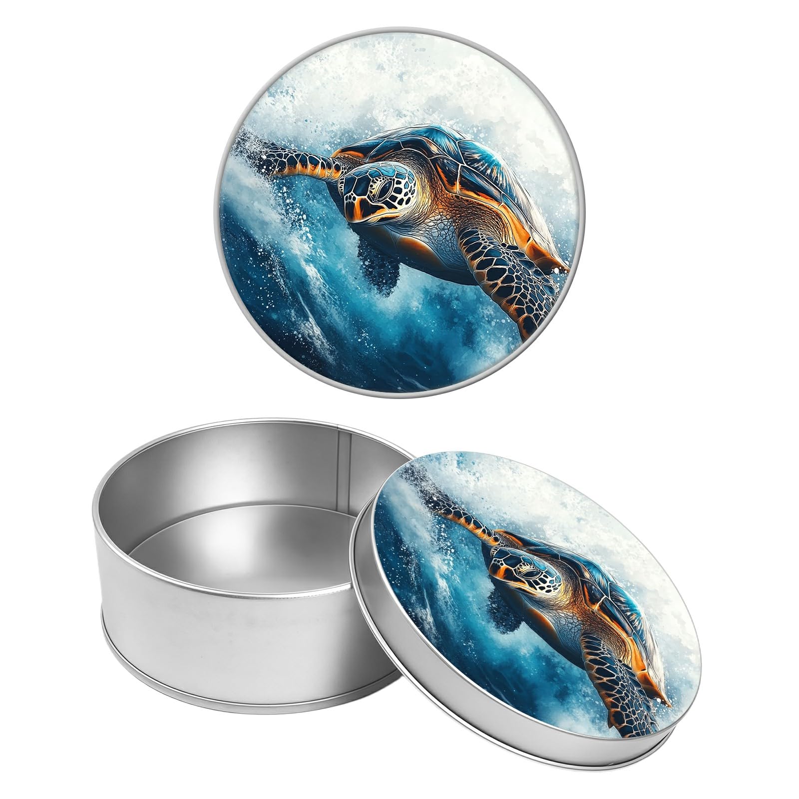 Round Metal Tin Container with Removable Lid, Seaturtle Durable Metal Storage Box for Crafts Snacks Candies Office Supplies Small Items 3.54 x 1.38 inch– Single Pack