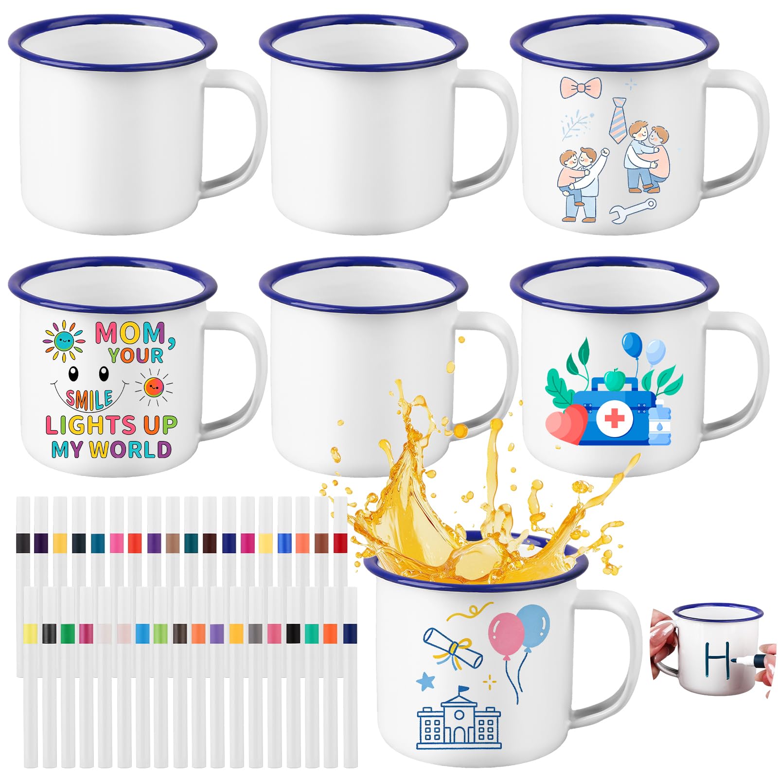 42 Pcs Painted Mug Kit Bulk 12 oz Enamel Mugs Color Your Own Cups White Enamel Mug Vintage Round Water Milk Tea Mugs DIY Coffee Cup for Craft Decor Drinking Christmas Mothers Fathers Day(6Cup, 36Pen)