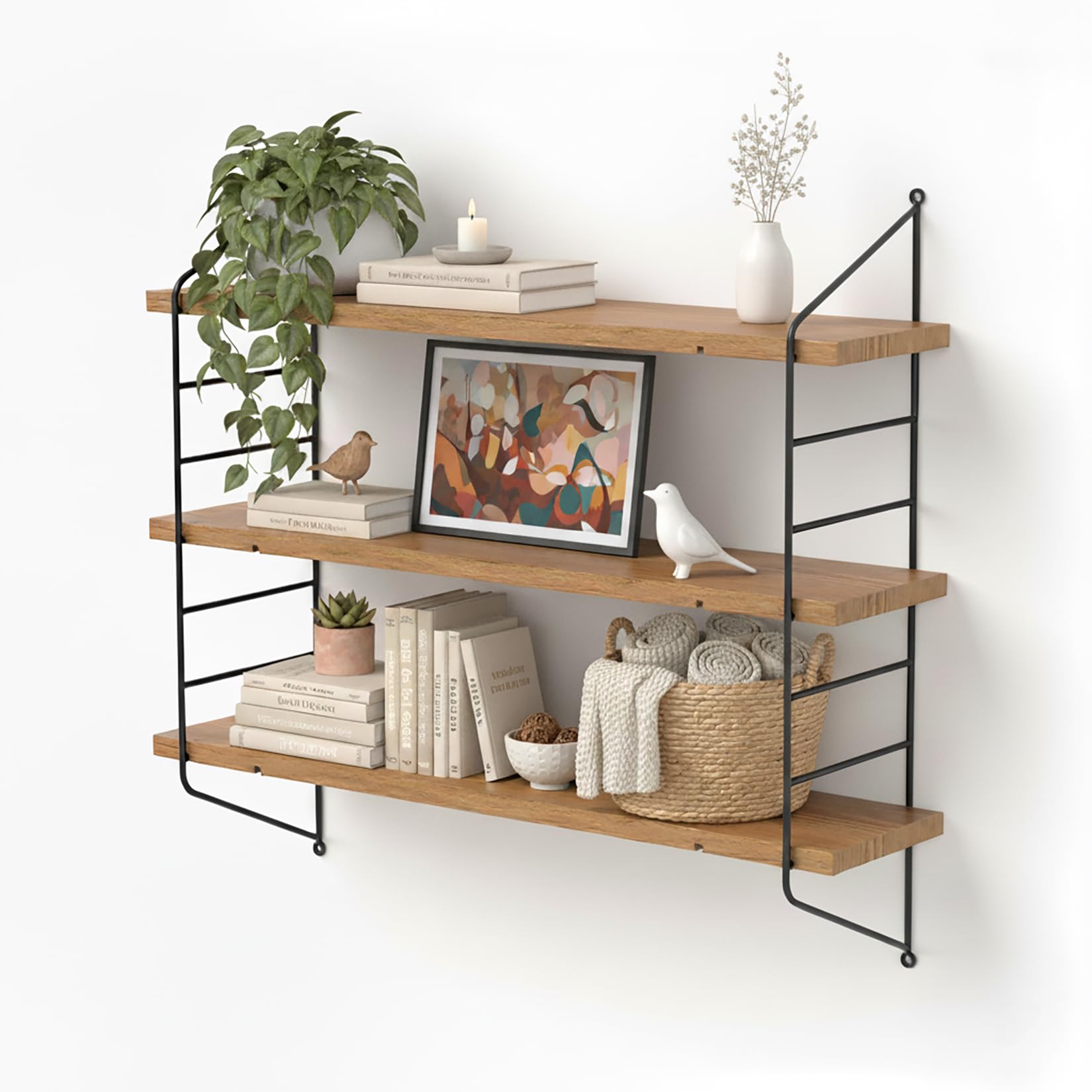 unho Floating Wall Shelves, 3 Tier Adjustable Pine Wood Shelf with Metal Bracket 58×15×54.5cm
