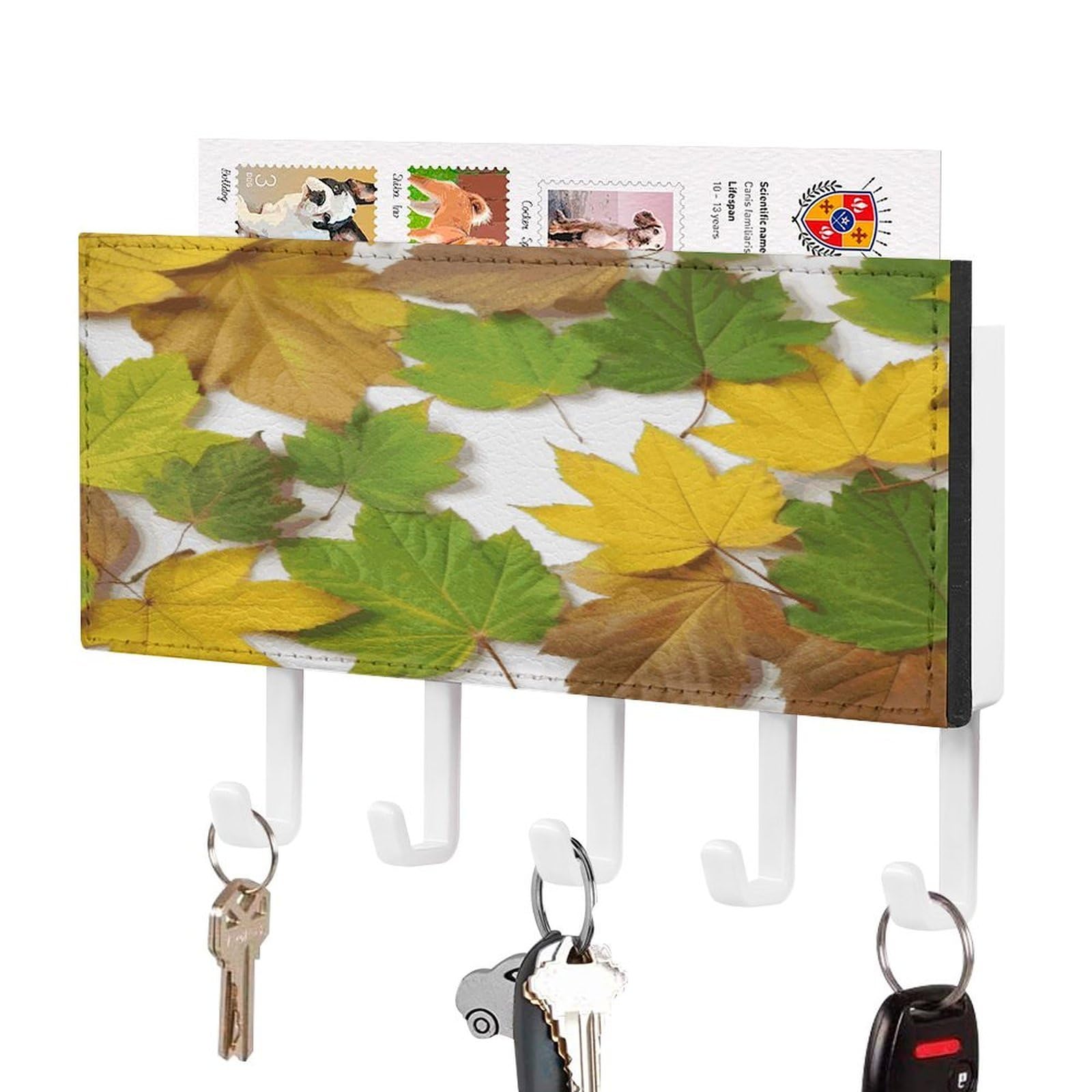 Fekiloot White-Style Leaves Key Holder Wall Mount Key And Mail Holder Key Hanger With 5 Hooks Decorative Pu Key Rack Hanging Key Hooks For Wall Living Room Kitchen Bathroom Hallway