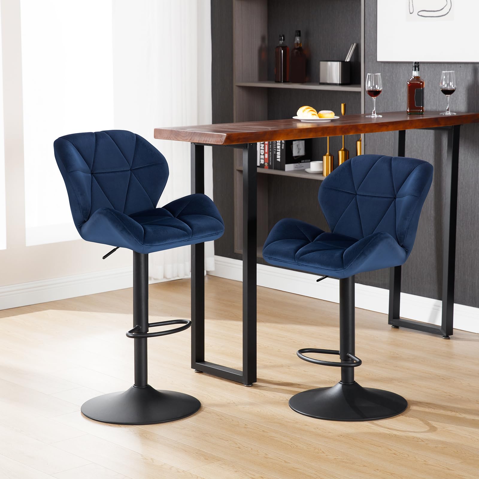 WOLTU 2X Taburete de Bar con Respaldo Regulables en Altura, con Asiento Acolchado Terciopelo Azul