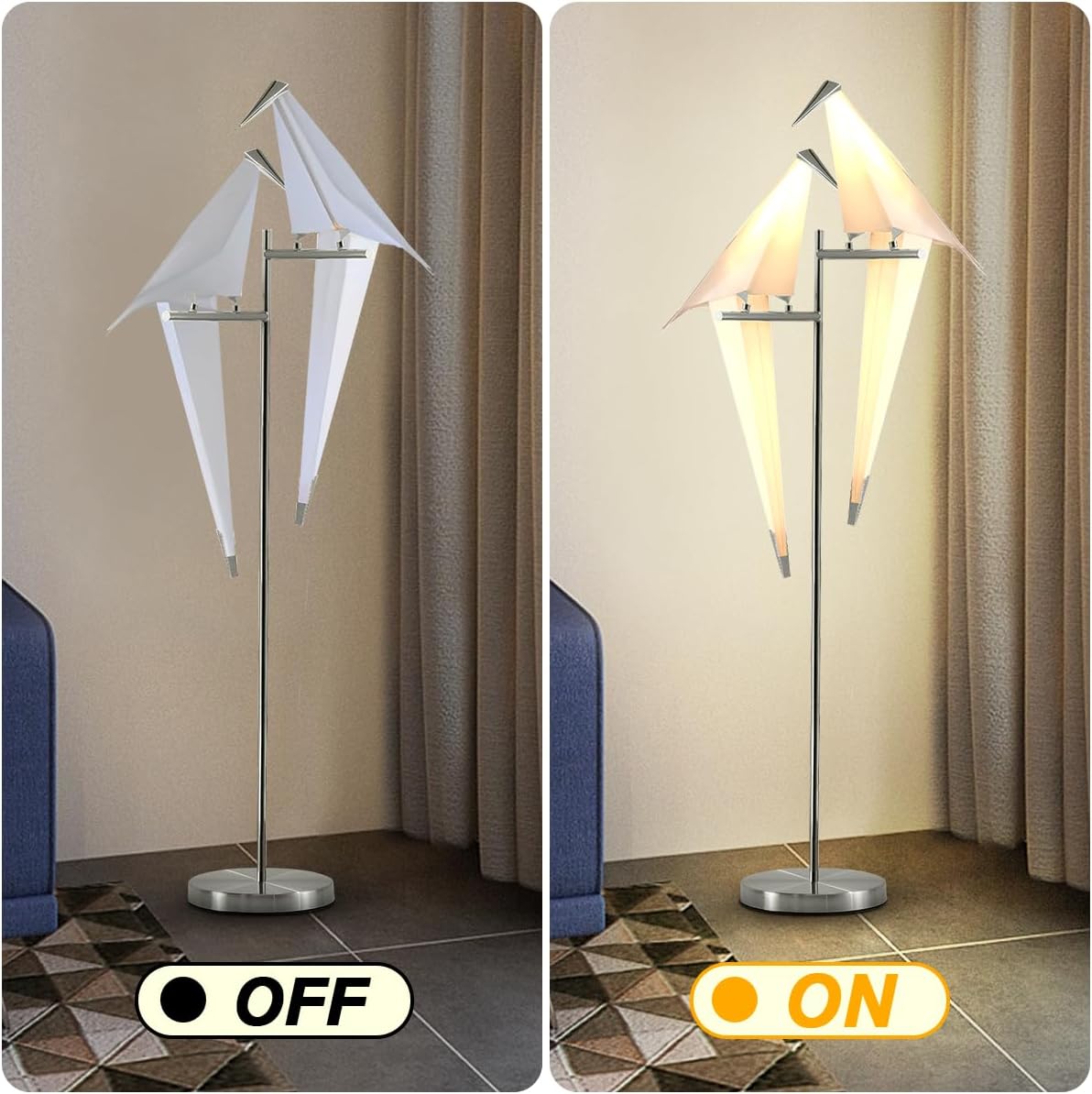 MORE CHANGE 68In Bird Floor Lamp, Modern Origami Bird Lamp, Silver Swinging Crane Pendant Light Fixtures for Living Room Bedroom Dinning Room Office
