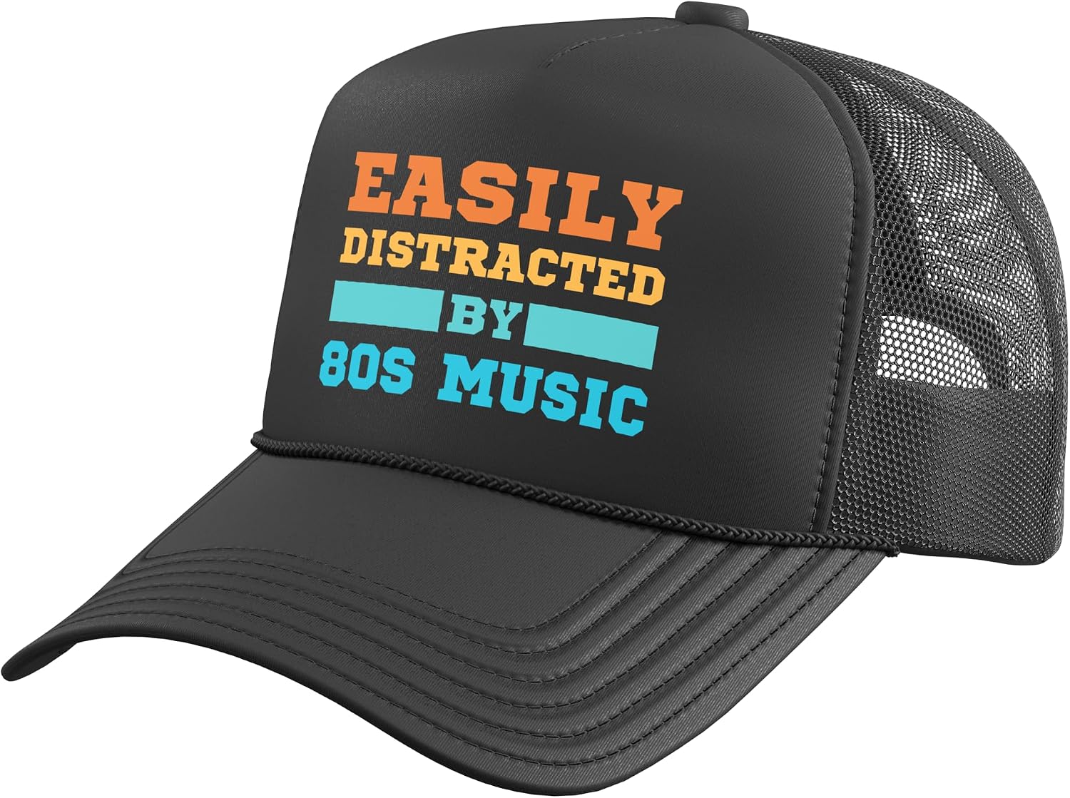 Easily Distracted by 80s Music Funny Disco Trucker Hat with Adjustable Mesh Back