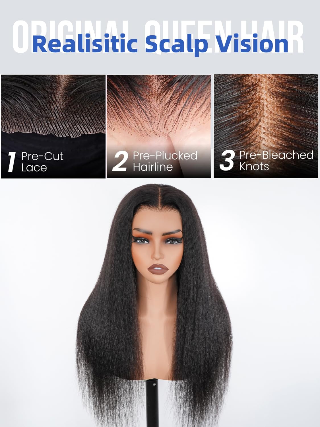 ORIGINAL QUEEN Kinky Straight Glueless Wigs Human Hair 5x7 Wear and Go Wigs Pre Plucked Pre Cut Lace Wig for Women invisible Lace Beginner Friendly 24Inches