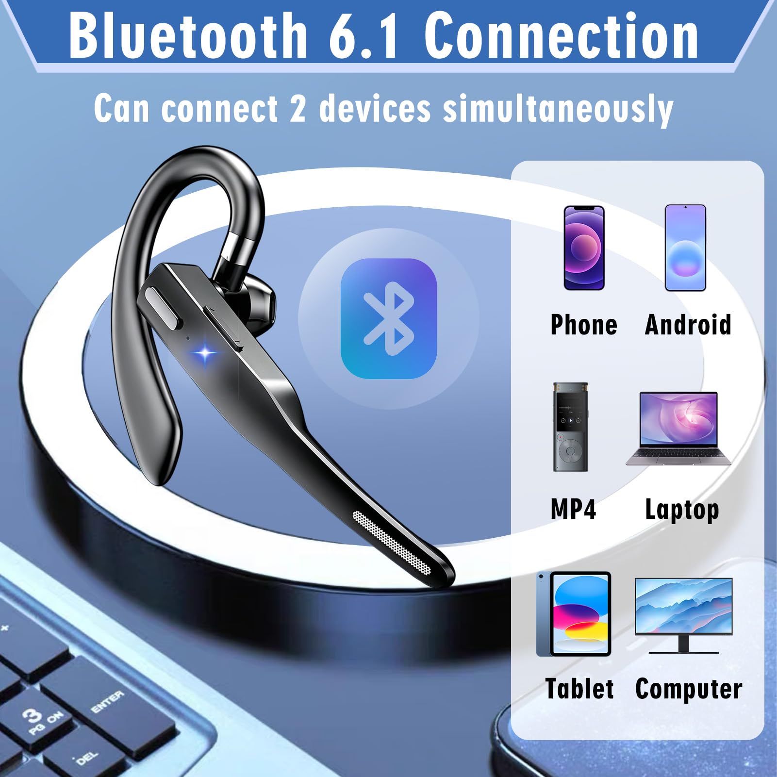 Oreillette Bluetooth sans Fil 6.1 avec Boîtier de Chargement 500 mAh, Kit Main Libres Bluetooth avec Dual Mic CVC8.0, Écouteurs sans Fil Casques Mono Légère pour Conduite/Bureau/Affaires