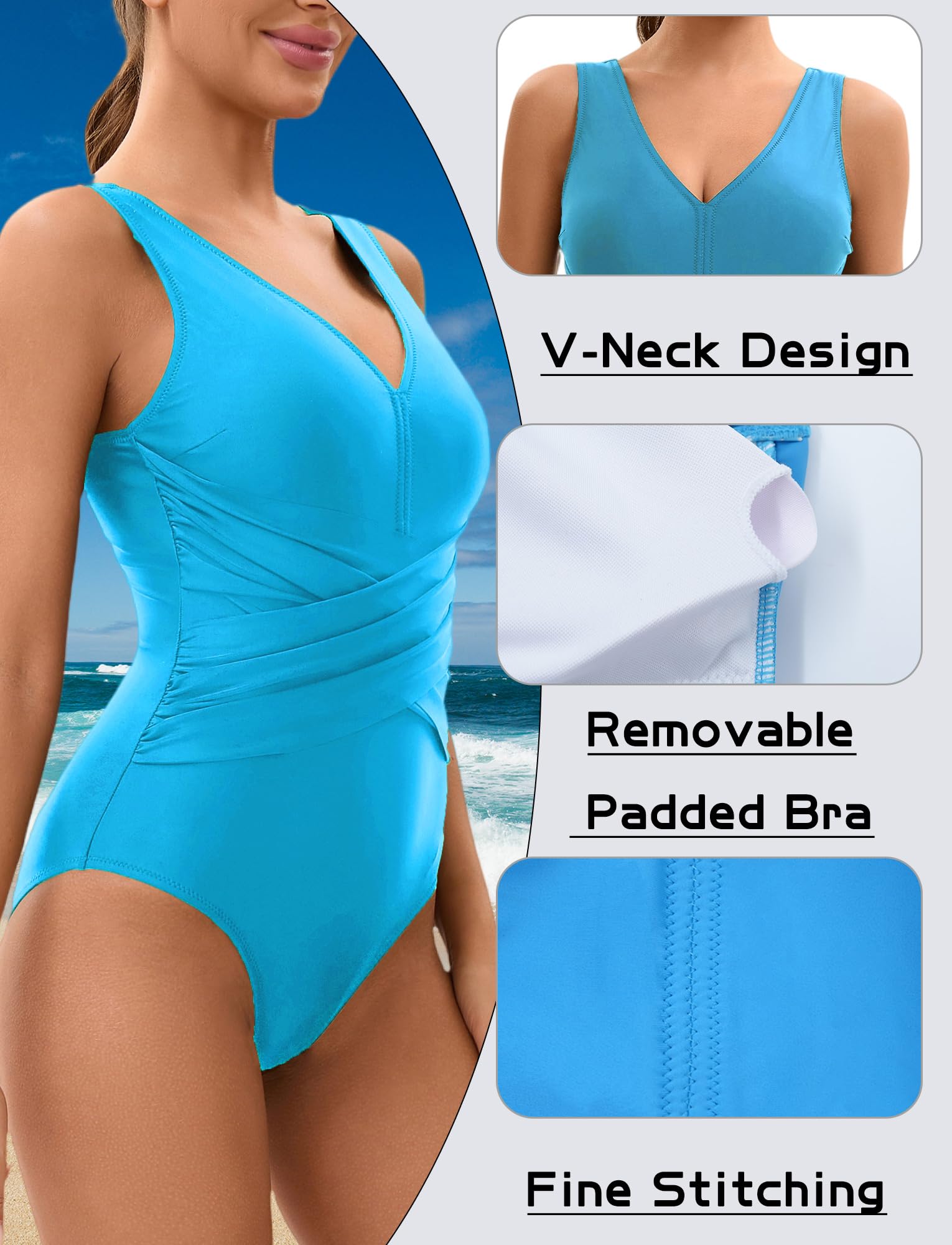 Femme Maillot de Bain 1 Pieces Col en V Monokini Push-up Dame élégant Surf Piscine Plage S-3xl