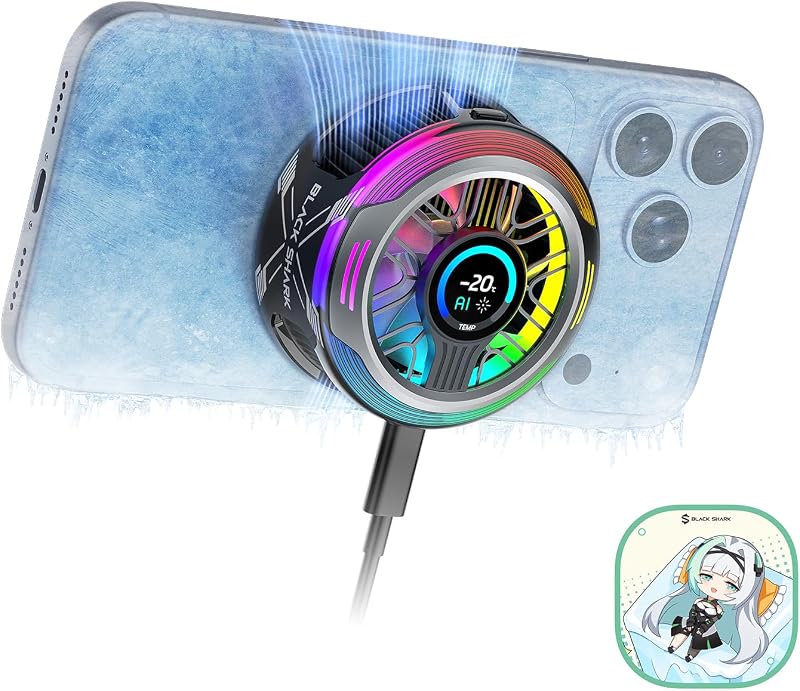Black Shark Magnetic Phone Cooler 6 Pro - Pantalla inteligente, placa de anillo magnético, LED RGB direccionables, ventilador de refrigeración controlado por aplicación para iPhone MagSafe, Android y iPad - Juegos, streaming y fotografía