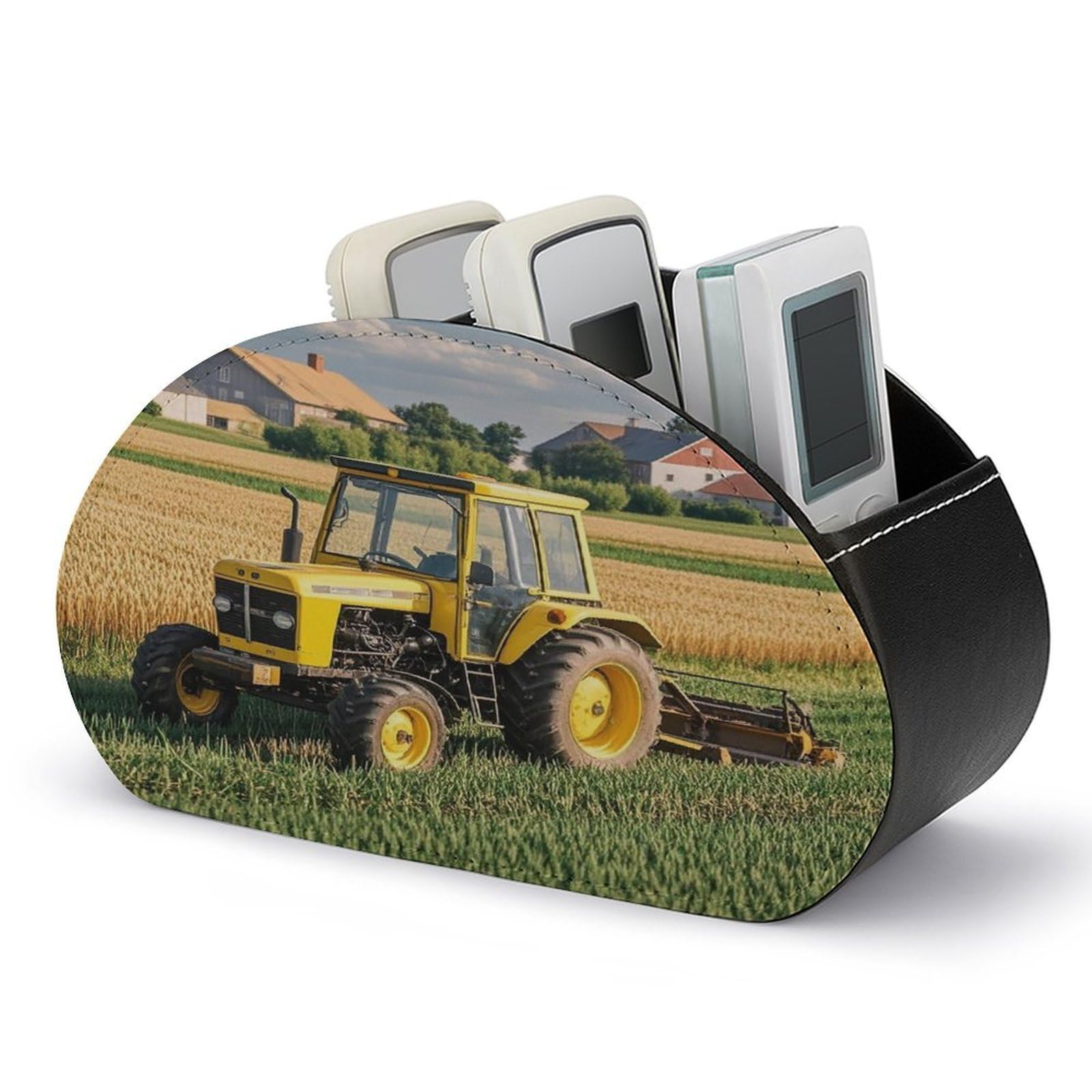 FekiLoot Tractor Farm Remote Control Holder with 5 Compartments Multi-functional TV Remote Caddy Organizer Leather TV Remote Holder Desktop Organizer Store for Bedside Table Office Desk