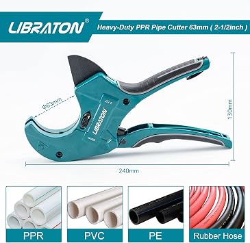 Libraton PVC Pipe Cutter 2-1/2, Large PVC Cutter & Pex Cutter 1-1/4 for Cutting PEX, PVC (Thin), PPR Plastic, Extra PTFE Seal Tapes 400