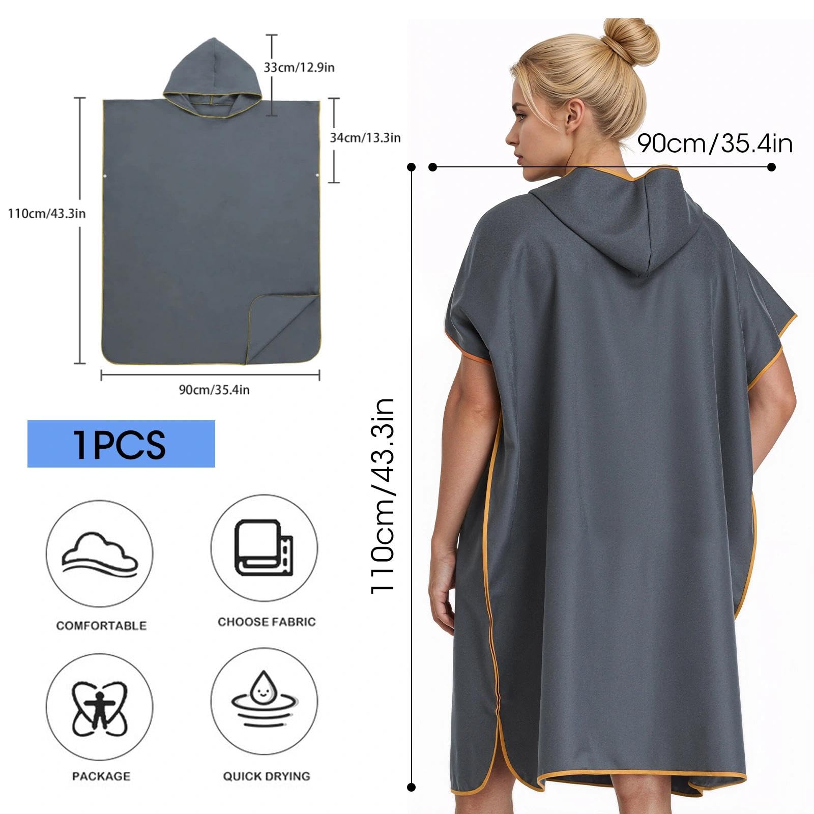 Poncho Surf 110x90 cm Poncho de Toalla con Capucha Microfibra Secado Rapido Ponchos de Ducha Adultos Unisex para Playa Natacion y Deportes Acuaticos (Marine Blau)