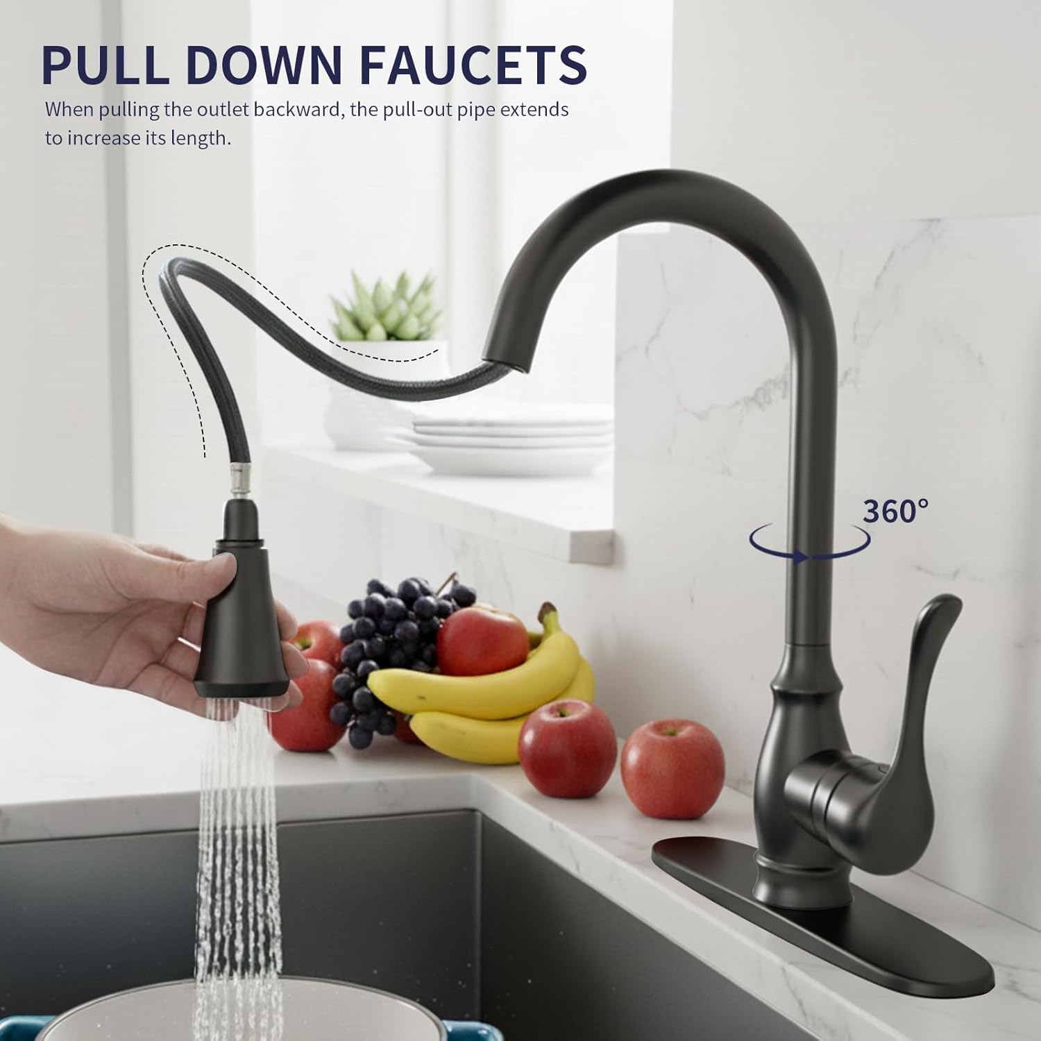 Kitchen Sink Faucet with Pull Down Sprayer, High Arc Single Handle Kitchen Faucet 2-Function 360° Swivel Stainless Steel Sink Faucet with Deck Plate - Brushed Nickel