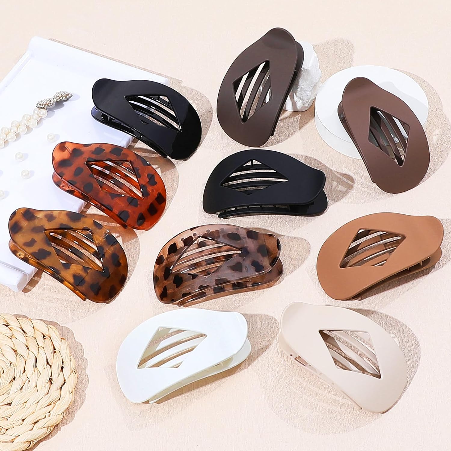 10 PCS Flat Hair Clips for Women - Large Matte & Tortoise Hair Claw Clips, 4.2 Inch Strong Hold Non-Slip Jaw Clips for Thick/Thin Hair, Neutral Leopard Hair Accessories for Daily Styling(Leopard)