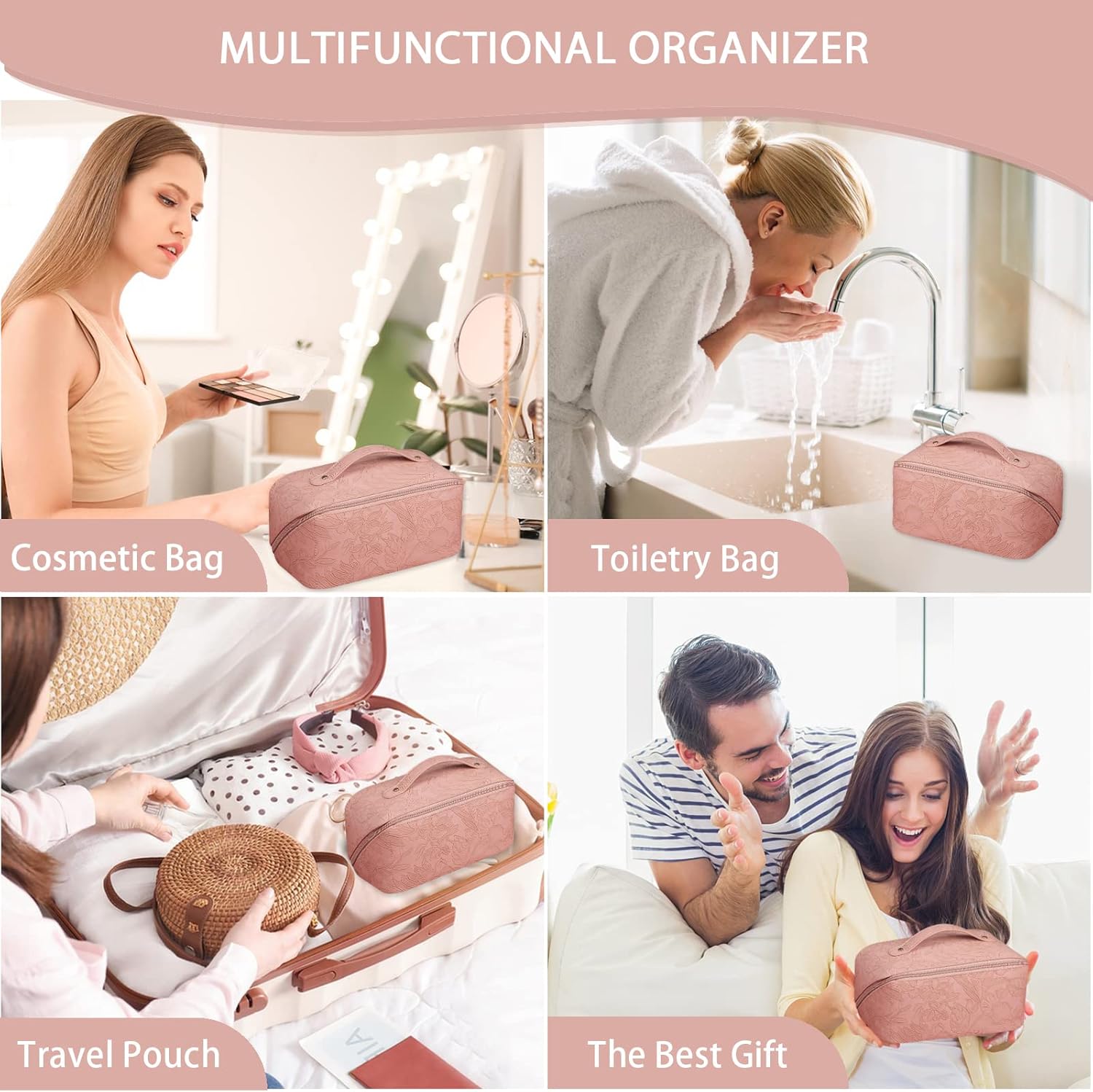 Makeup Bag Travel Cosmetic Bag with Compartment Large Capacity Water resistant PU Leather Portable Floral Makeup Bag Suit for Women Girl Valentines Day Gifts Pink Makeup Bag
