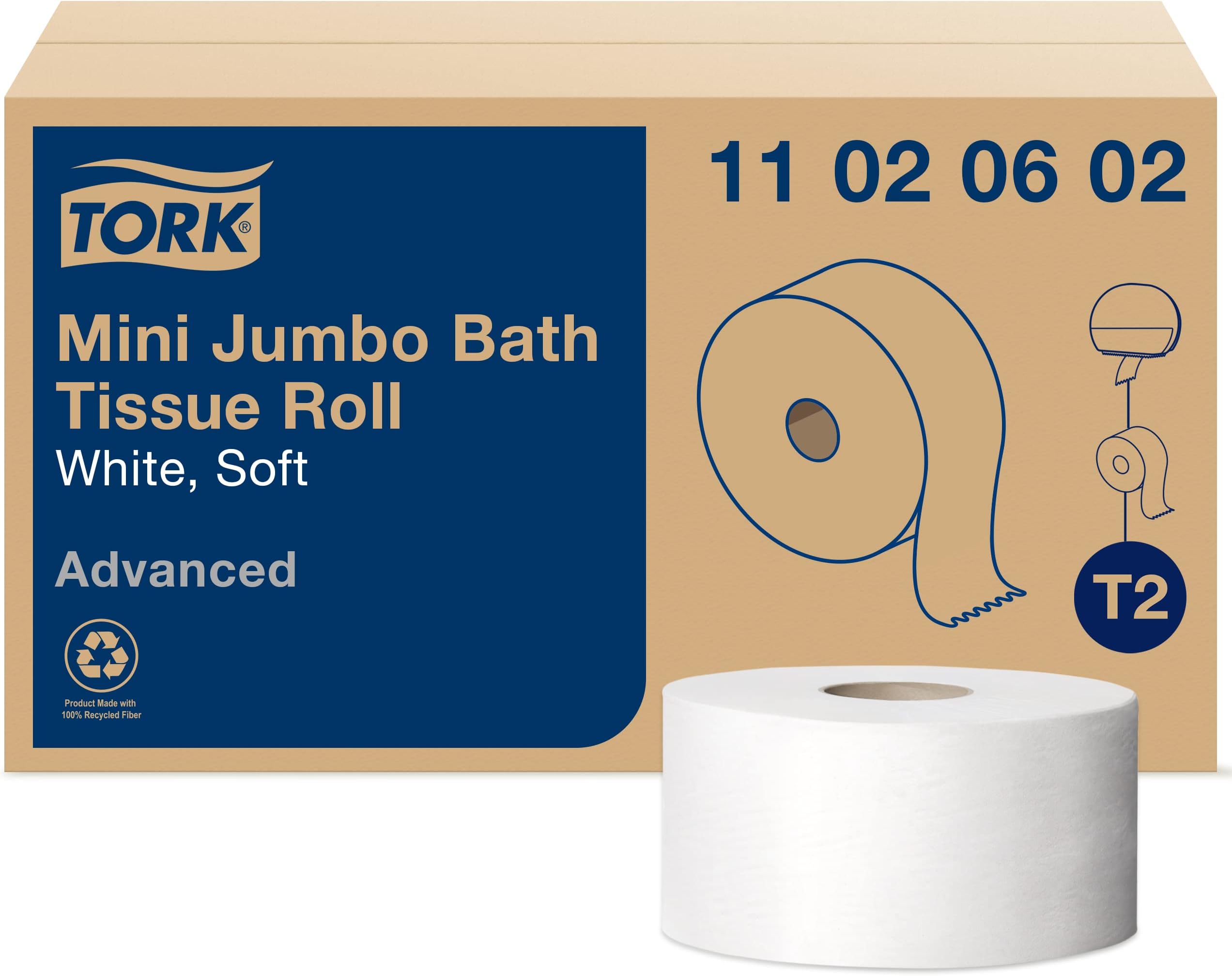 Tork Mini Jumbo Bath Tissue Roll - Toilet Paper Towels with Advanced Soft Quality, Compatible with T2 Tork Dispenser, 12 rolls x 1075, 2-Ply Sheets, Color: White, 11020602