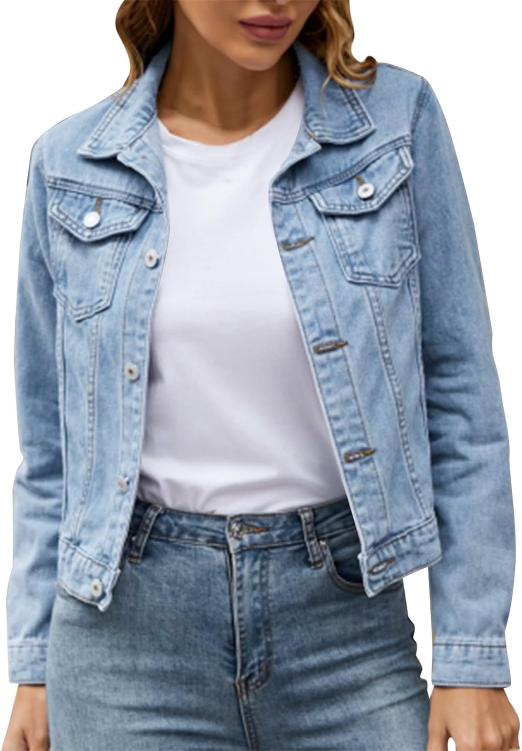 Womens Denim Jackets Collar Neck Rolled Sleeve Loose Fit Button Cardigan Trendy Long Cowgir_l Winter Fall Coats