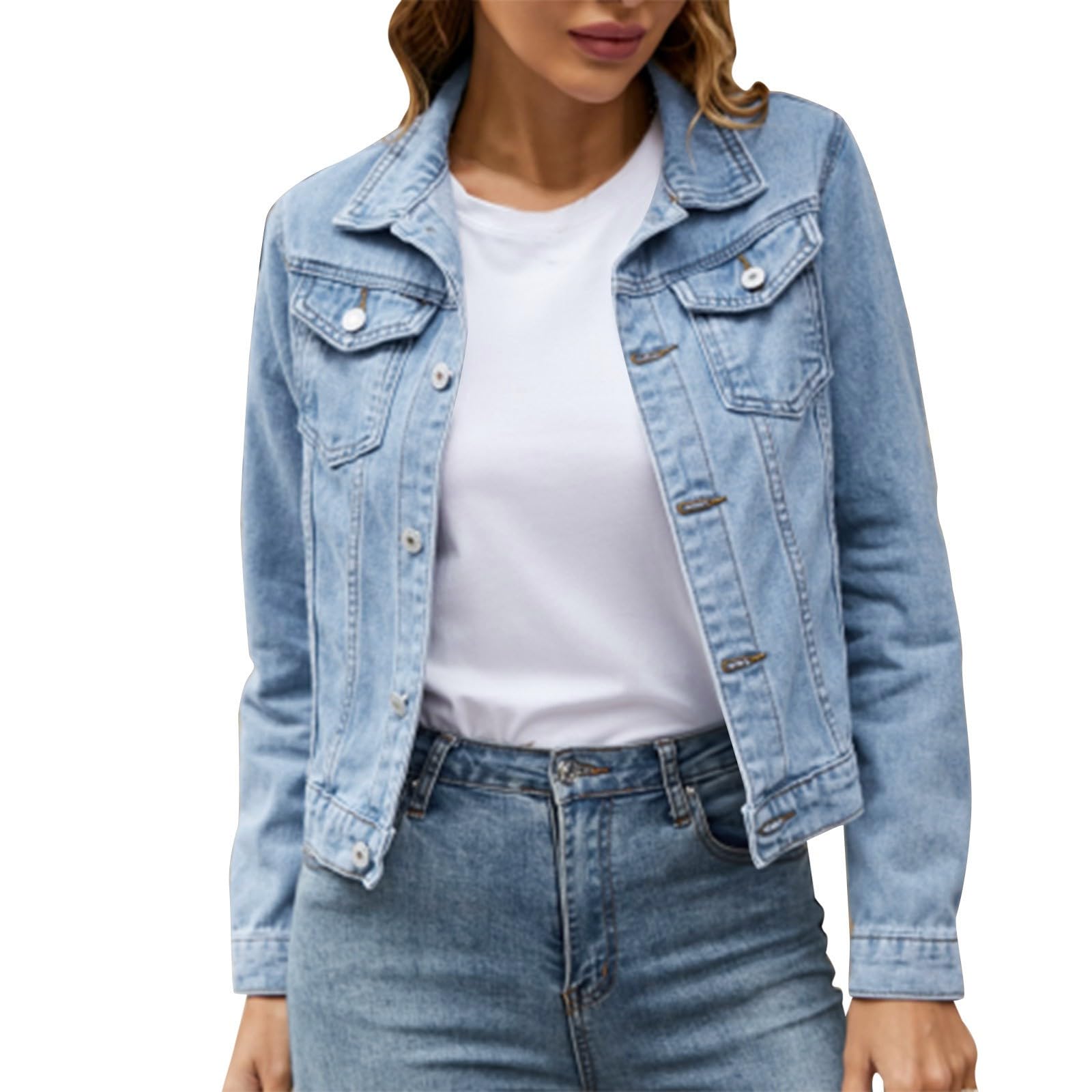 Giacca giubbino giubbetto corta donna bottoni blu denim jeans slim tasche D160