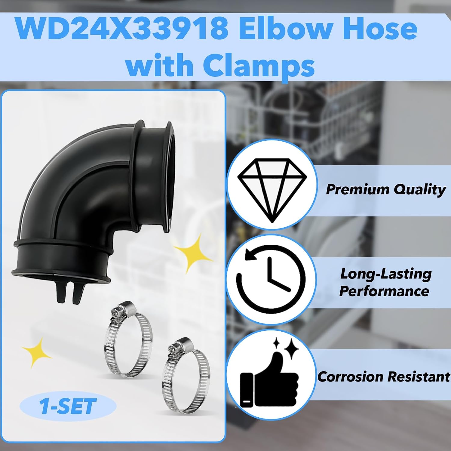 WD24X33918 Elbow Hose With Clamps, WD24X33918 Elbow Hose Compatible with GE, Replacement for 4983108 28877182 AP7219295 PS17626243 EAP17626243