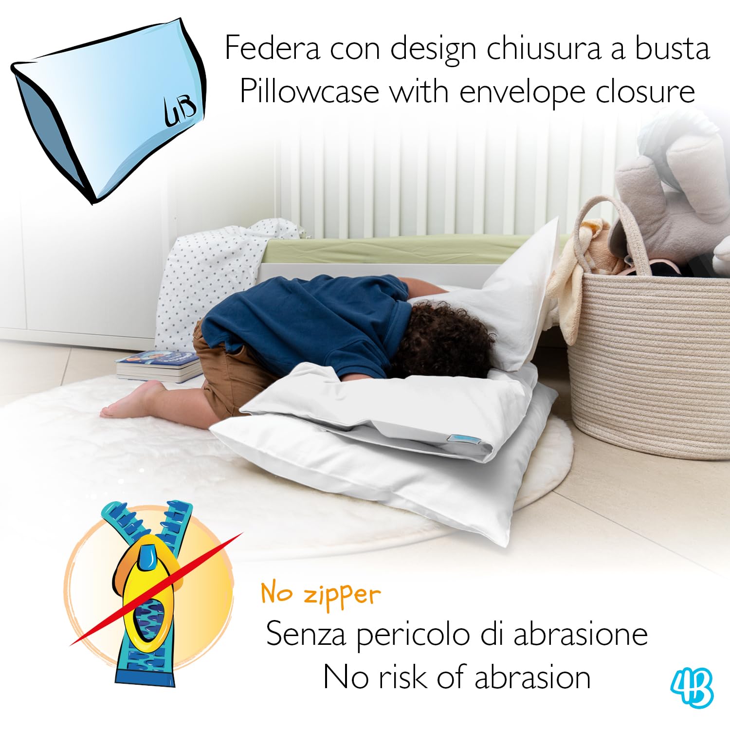 Federe Cuscino 50x30 Bambino Set 2 100% Puro Cotone Made in Italy Chiusura a Busta OEKO-TEX Bianco