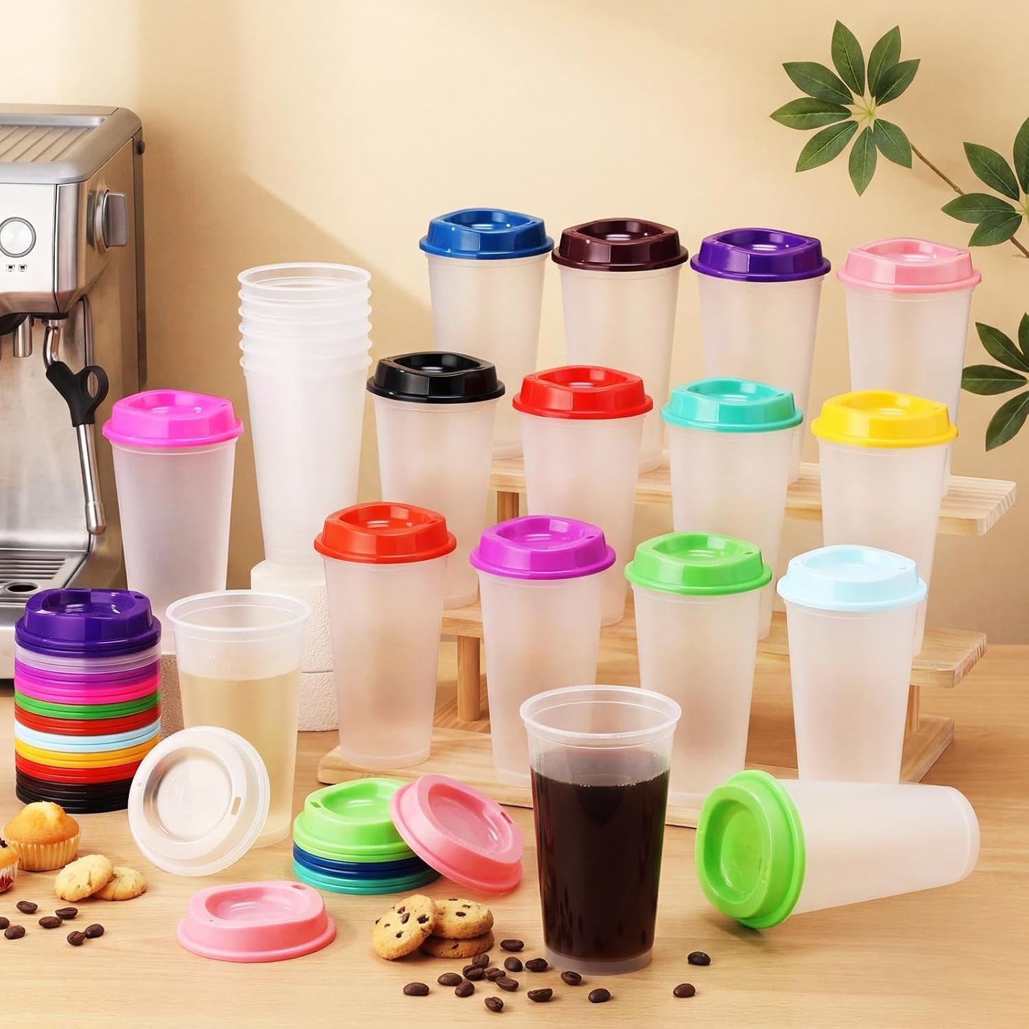 Honeydak 45 Pack 16 oz Reusable Coffee Cups with Lids Water Bottle Iced Coffee Travel Mug Portable Plastic Tea Tumblers Bulk for Hot and Cold Drinks Birthdays Party (Clear with Colors Lid,Classic)