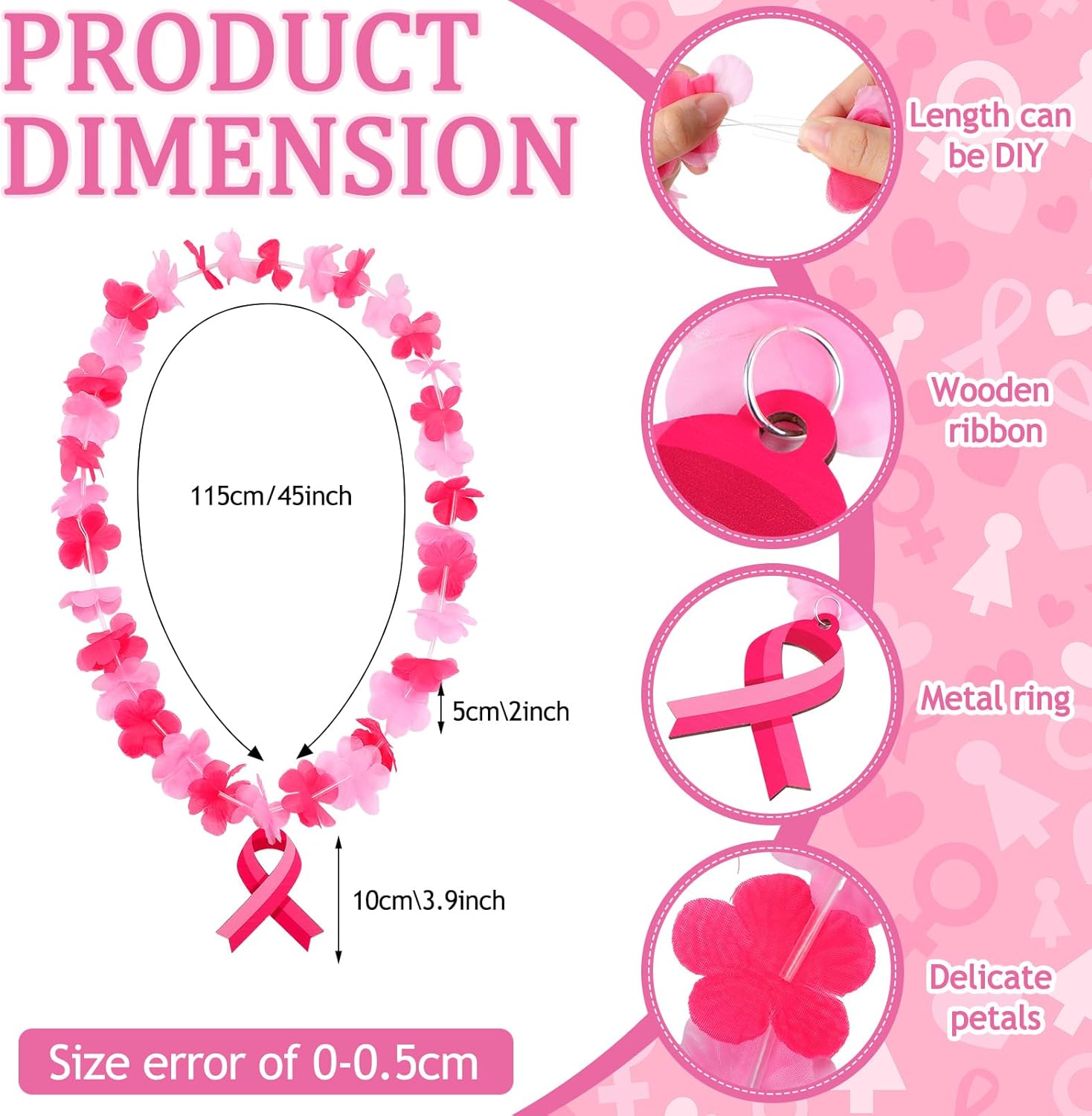 Giegxin 24 Set 45 Inch Pink Ribbon Breast Cancer Awareness Polyester Leis with Wooden Ribbon Pendant Accessories for Fundraising Free Public Charity Activity Cancer Awareness Event Parade Decor Supply