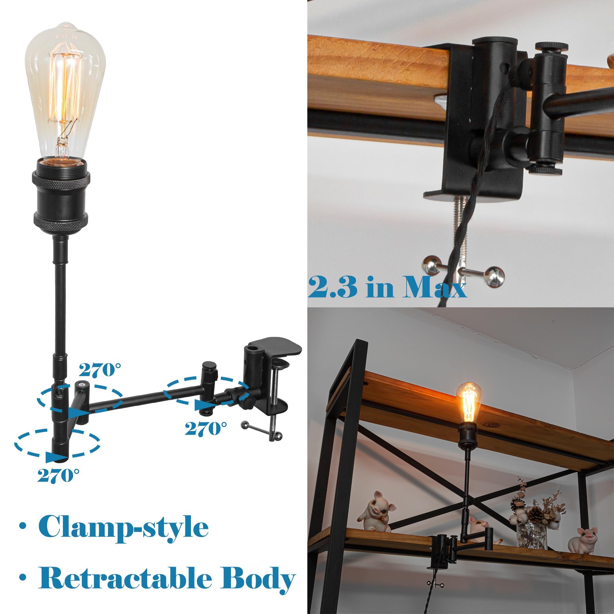 Industrial Klemmleuchte mit 2,5 Schalterkabel,Einstellbar Clip auf Schreibtisch Leselampe,Dimmbar Clamp Nachttischlampe mit Flexarm für Schreibtisch Nachttisch Regal 0629-CM
