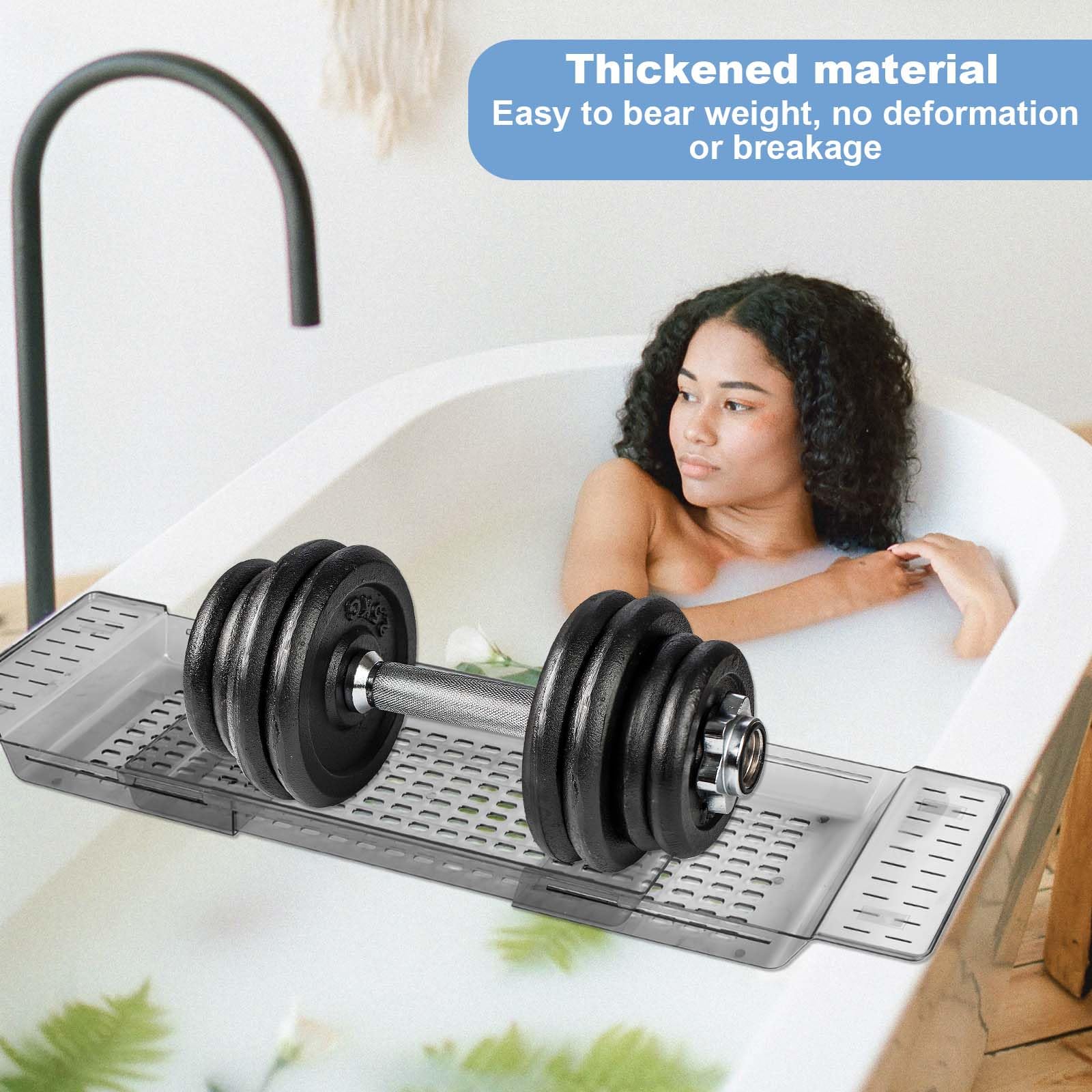 Bandeja Bañera, Bandeja para Bañera Extensible, Bandejas para Bañeras con Diseño de Desagüe, Bandejas Baño Ajustable para Vela, Libro, Vaso, Teléfono y Tableta (Transparente)
