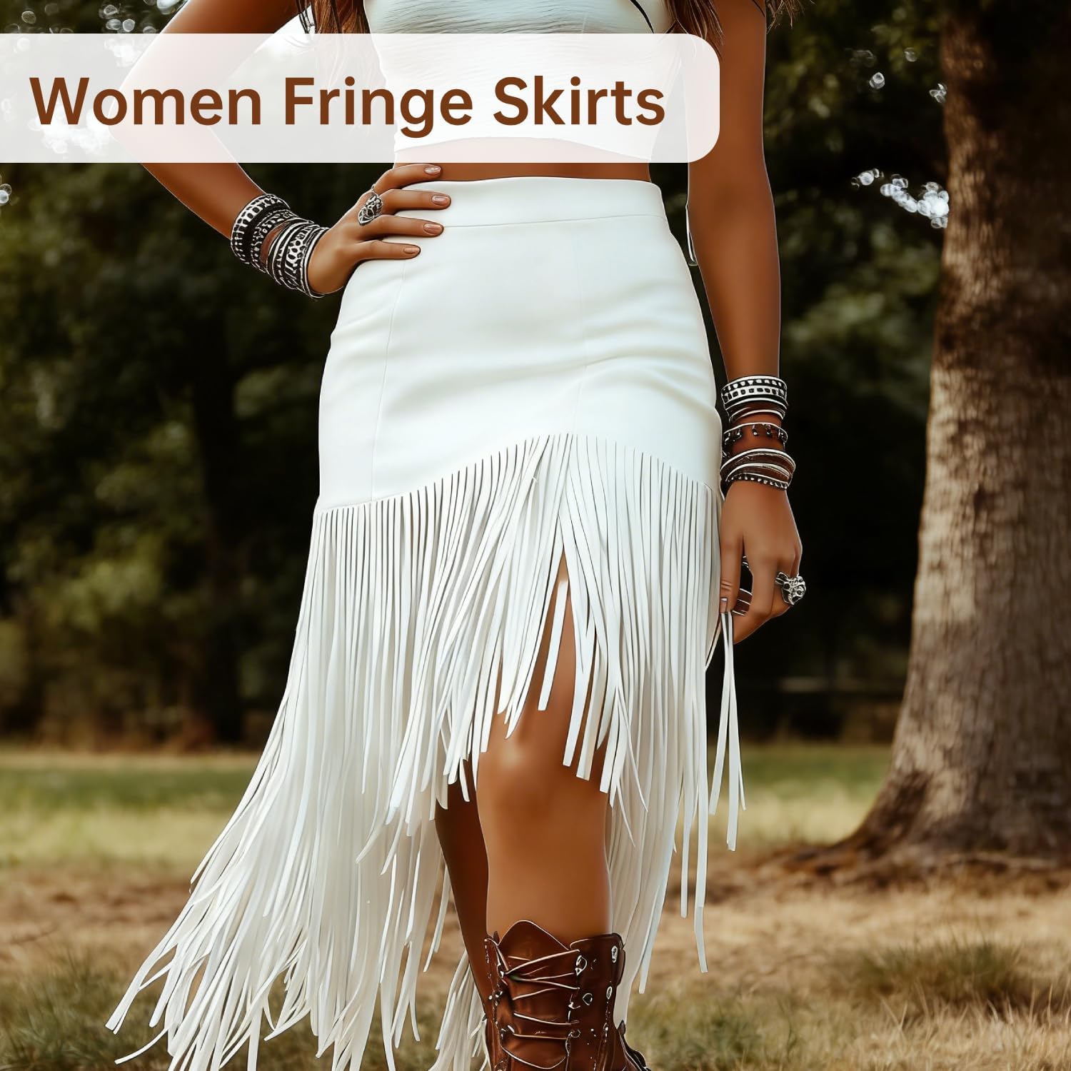 Women Fringe Suede Skirt, Irregular Western Tassel Skirt Cowlgirl Short Skirts High Waisted Boho Chic Bodycon Trim Skirt