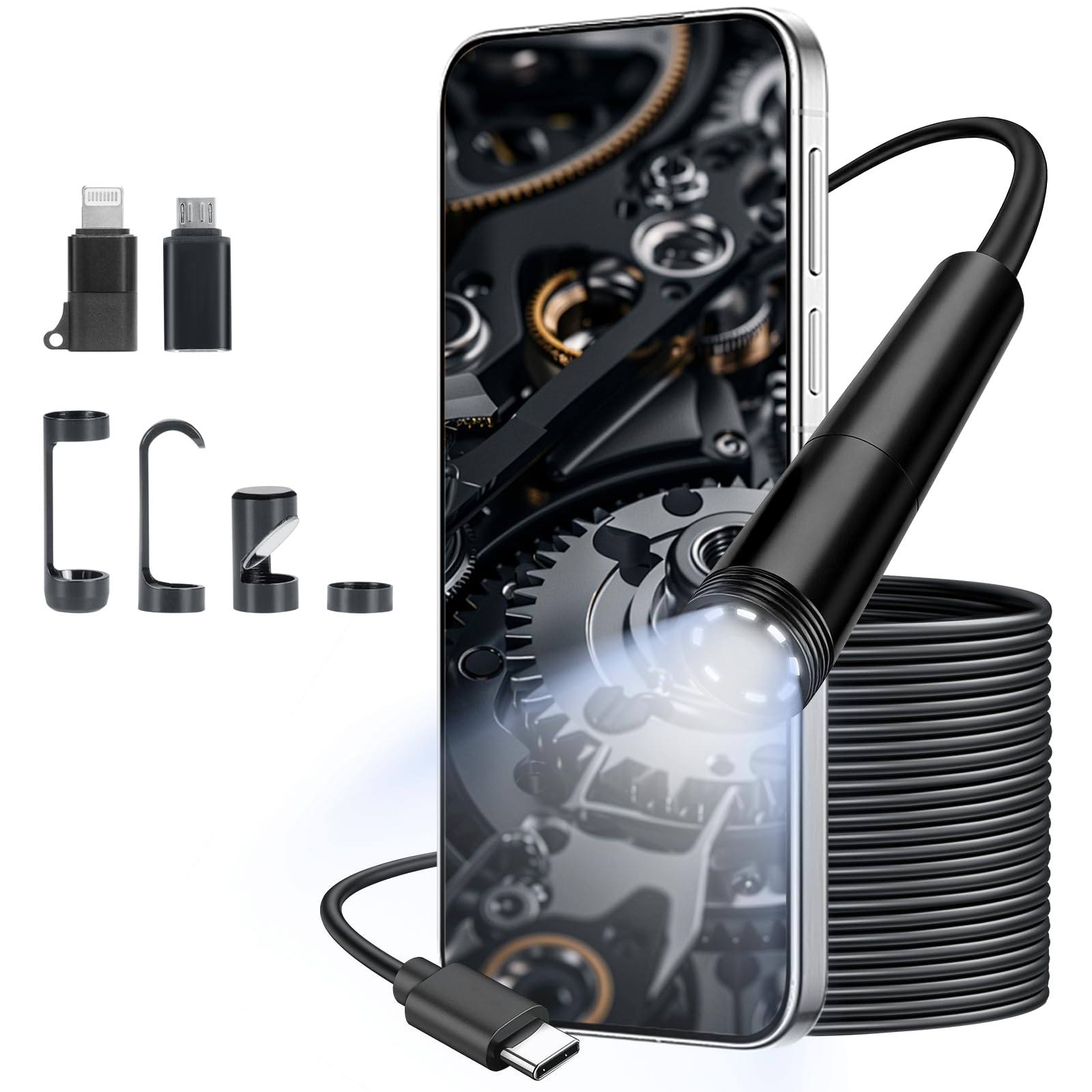 VINATO Endoscopio per Smartphone 10m, Telecamera Ispezione 1080P HD Impermeabile IP67, Sonda 8mm con 8 LED, Connessione Diretta Type-C (Adattatore iPhone/Android Incluso) per Autoveicoli, Tubature