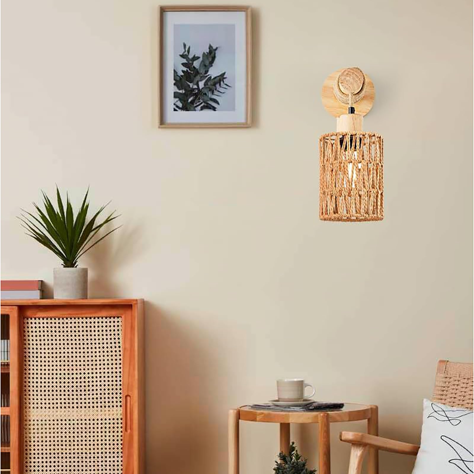 Aplique Rattan Boho, Lámpara de Pared Colgante Mimbre, Lámpara Laternas Madera Rústica, Set de 2 para Dormitorio, Sala Estar, Pasillo, Entrada, Decoración Granja,B