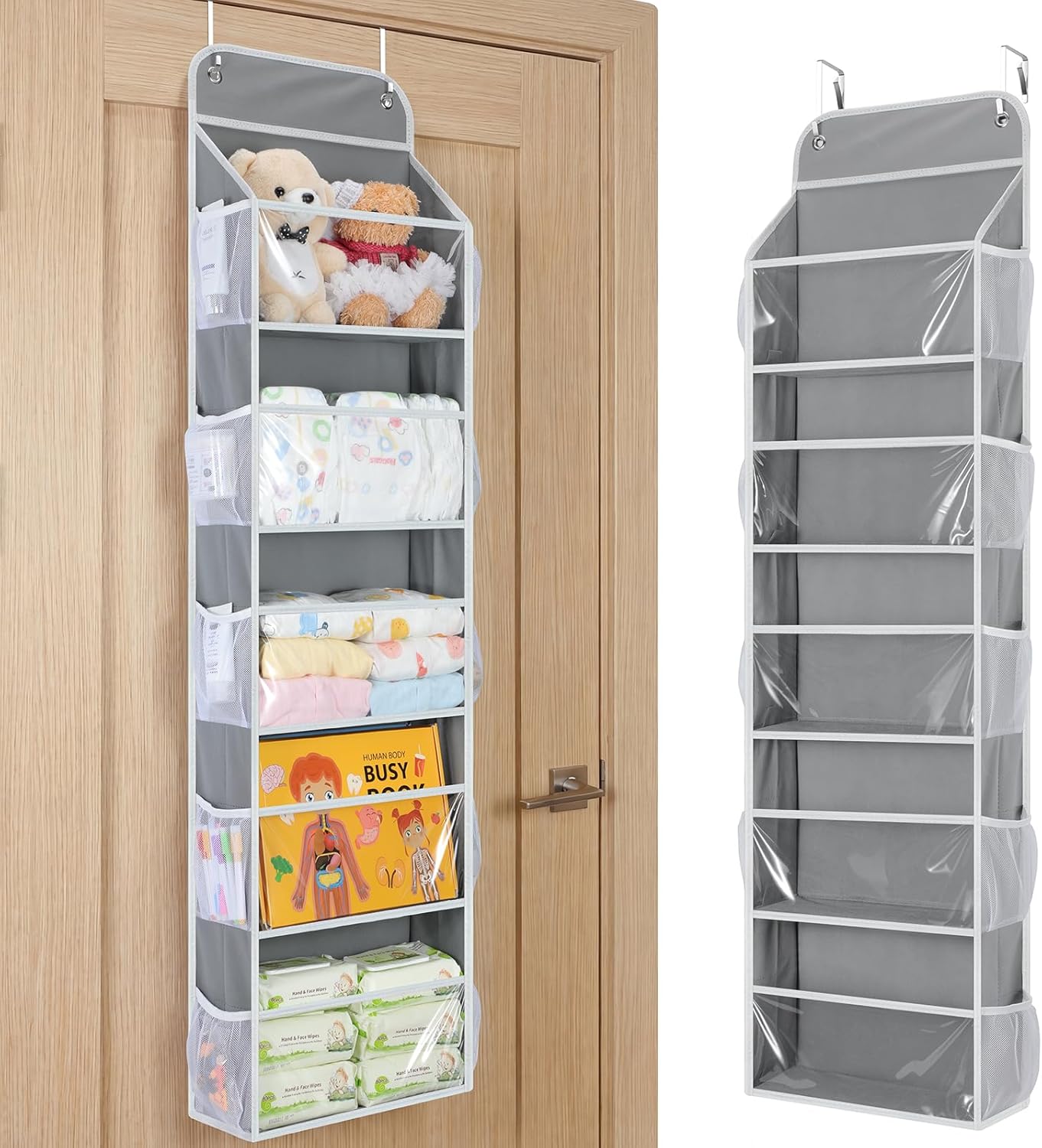 Yecaye 5-Tier Over the Door Organizer Hanging, Toy Stuffed Animal Storage, Behind the Door Storage with 5 Clear View Windows & 10 Side Pockets, Over the Door Storage for Bathroom Closet Nursery, Grey