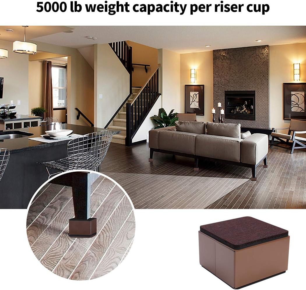 Ezprotekt 2 Inch Bed and Furniture Risers, Square Heavy Duty Solid Steel Self-Adhesive Sofa Table Couch Dresser Risers, Supports 20,000 lbs,Protect Wood and Carpet Floors from Scratch(Brown, 4 Pack)