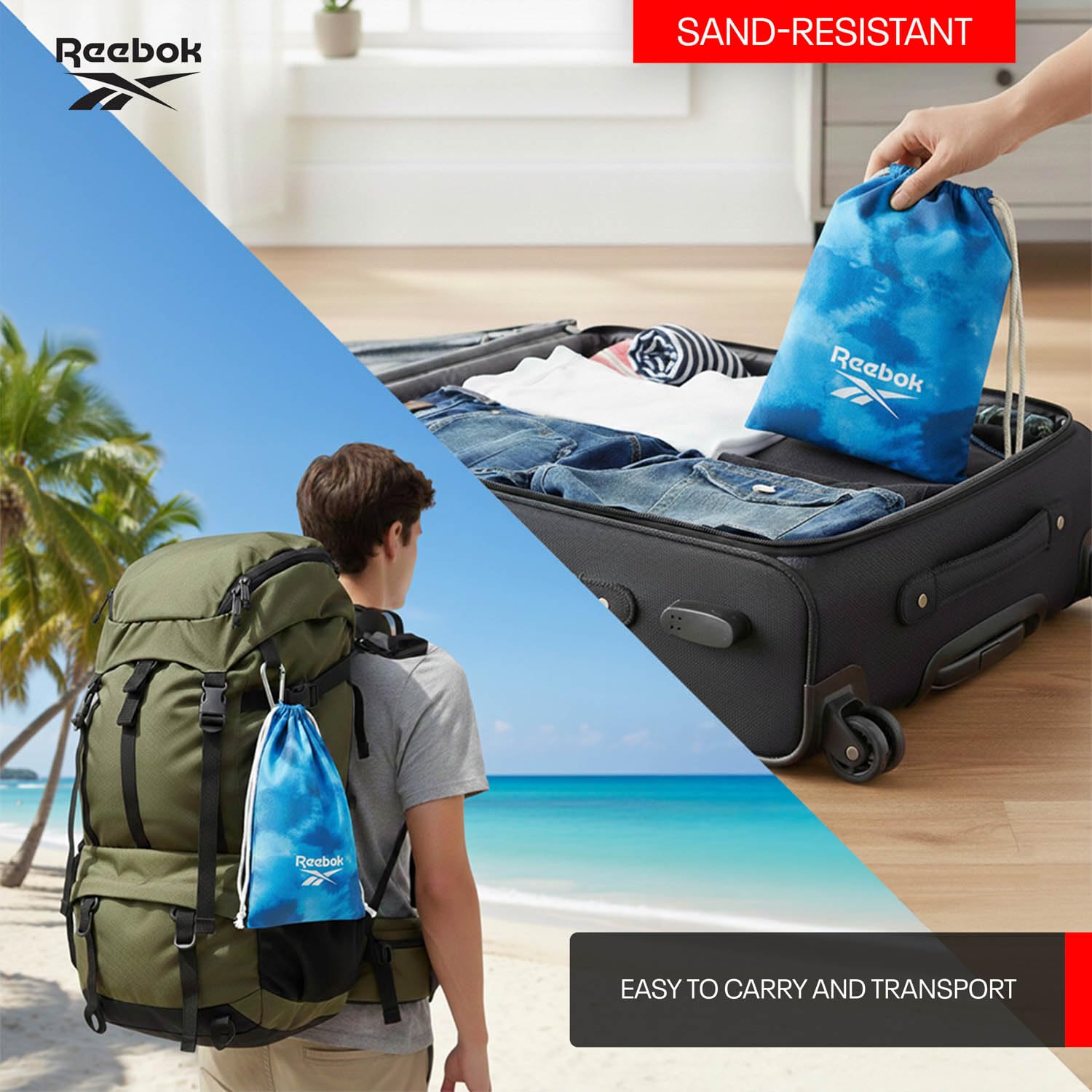 Reebok Toalla de Playa Microfibra Antiarena 90x180 cm | Secado Rápido, Ligera y Compacta con Bolsa | Toalla Grande para Gym, Piscina y Viaje, Diseño Azul Marino Nube