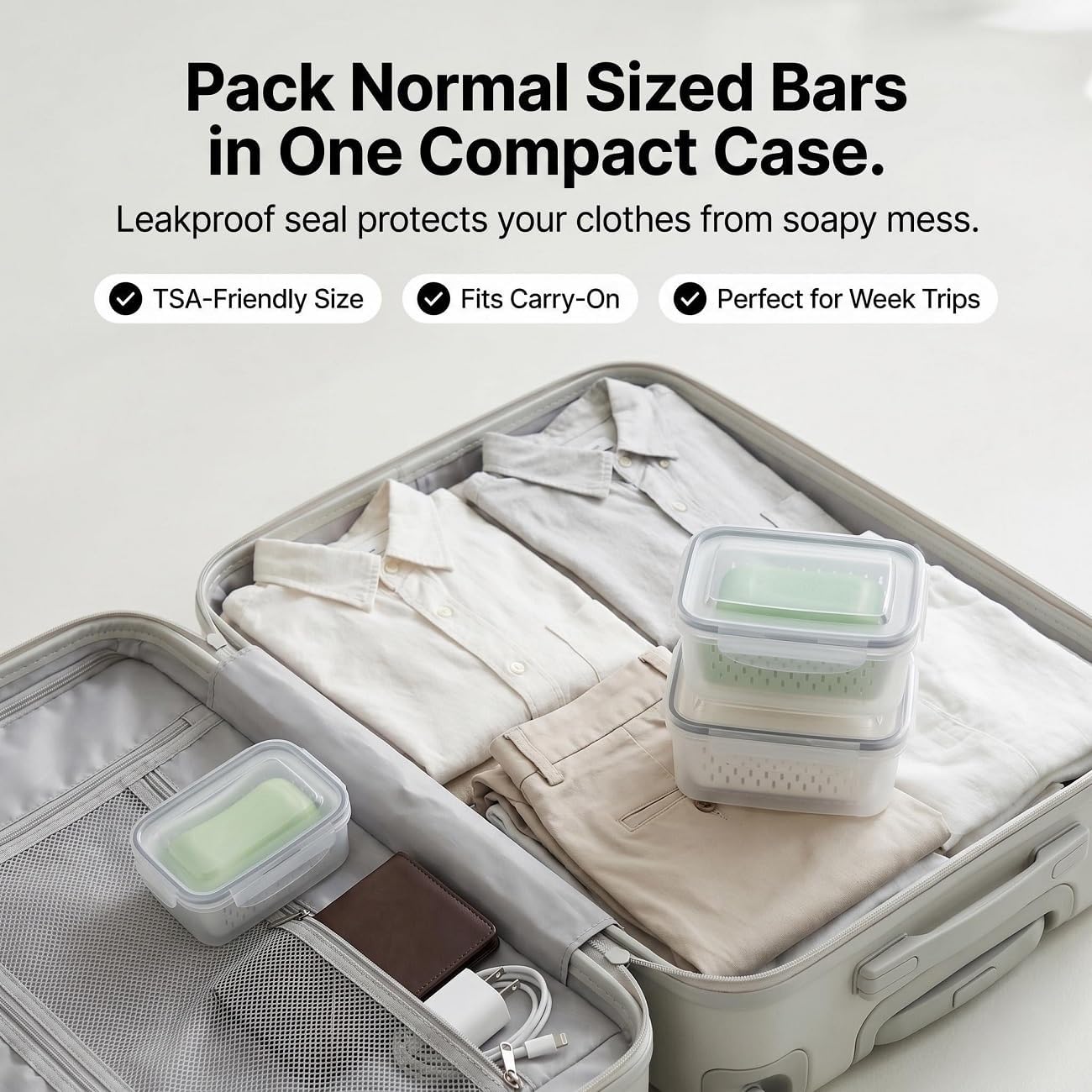 Travel Soap Box, Compact Soap Dish with Drainage Layer Portable Leakproof Shower Bar Holder, Mini Storage Container for Camping Gym Home Organization (Clear/Grey, Small, with Drain Rack)