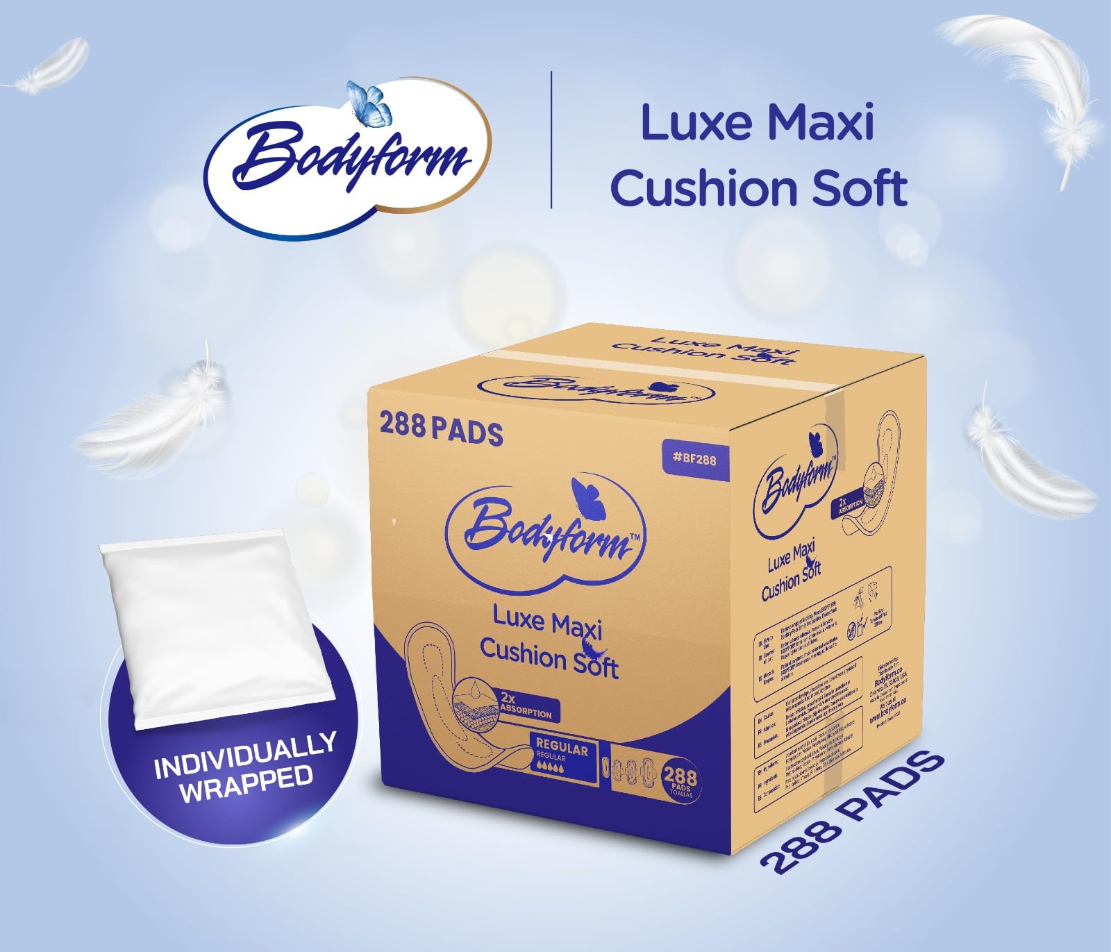 Bodyform Almohadillas femeninas maxi regulares (envueltas individualmente), embalaje a granel, 288 almohadillas con tira adhesiva (ideal para refugios para personas sin hogar, hospitales, campamentos