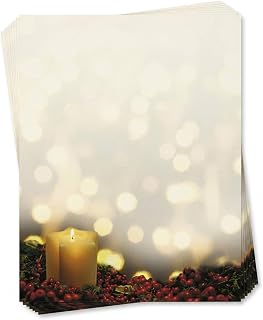 PaperDirect Twinkling Lights and Berry Candle Holiday Border Papers, 8.5 x 11 Festive Stationery for Scrapbooks, Cards, Invitations, Newsletters, Events, School or Business Use, 25 Sheets