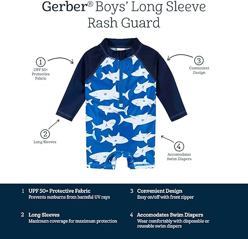 Miniatura 5 de Gerber Traje de baño de manga larga de una pieza con protección solar para bebés y niños pequeños, Negro -