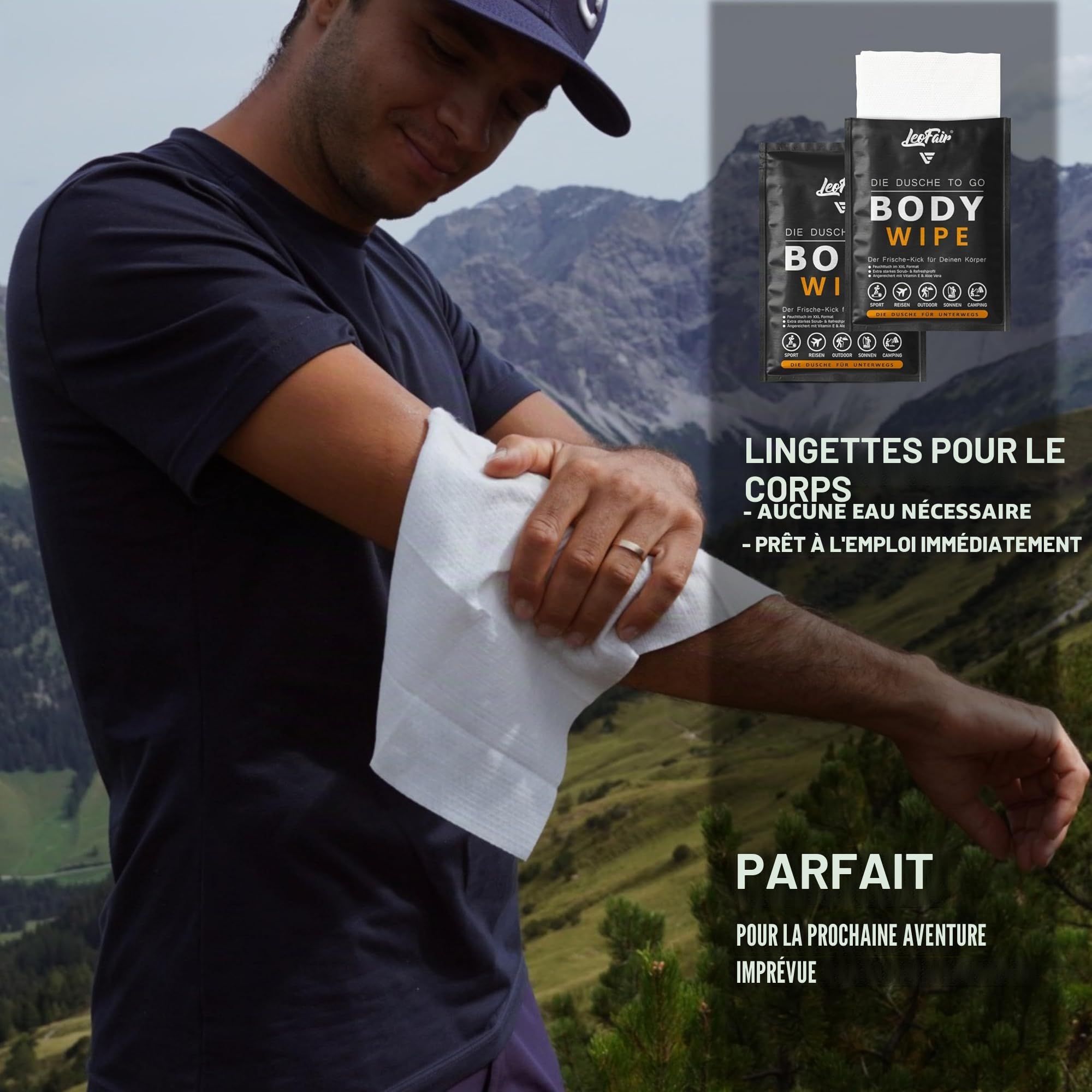 Lingettes pour le corps XXL - Lingettes humides pour les voyages, le camping, les festivals et en déplacement - 10 grandes lingettes humides emballées individuellement pour le visage et le